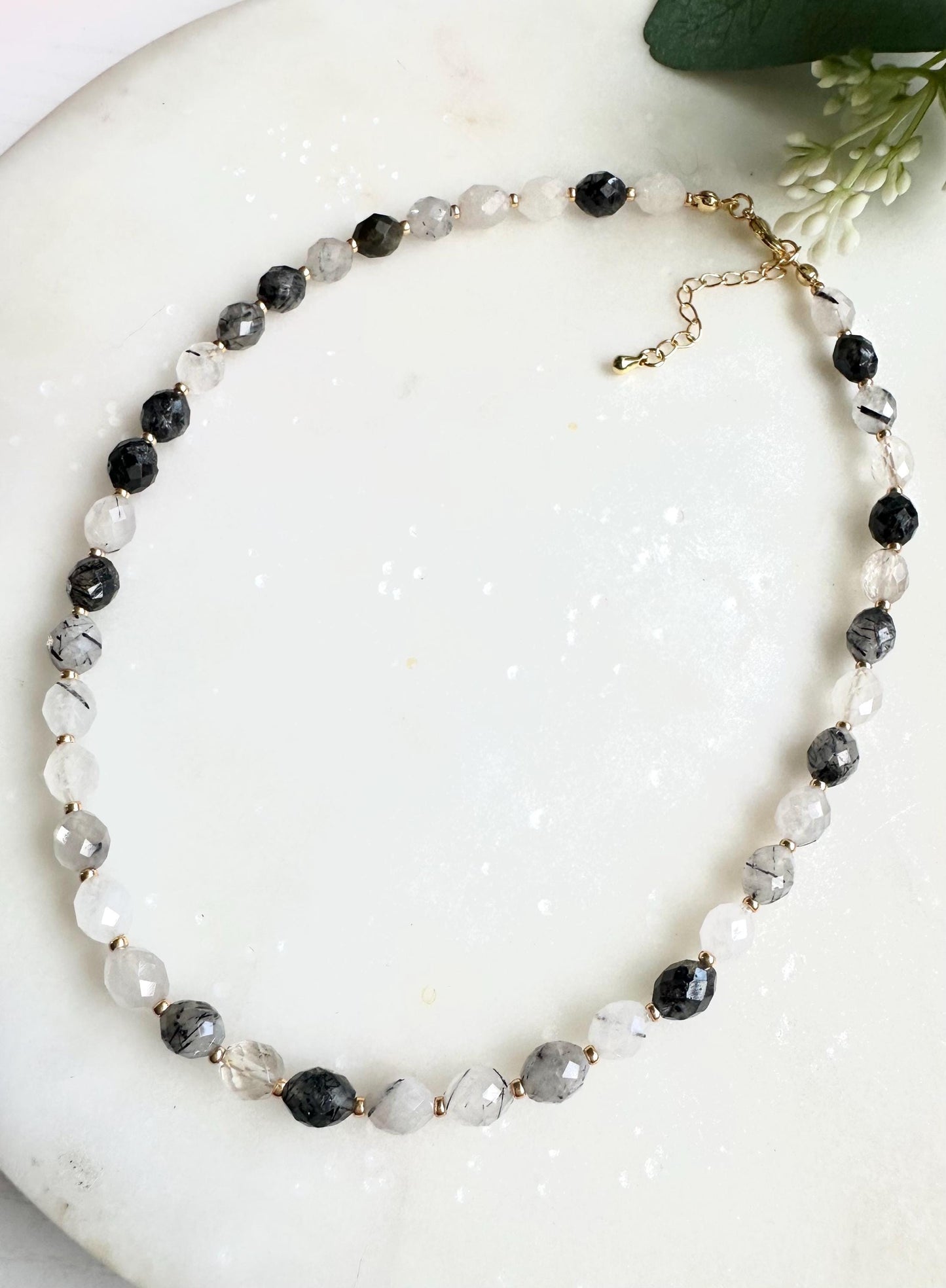 Black Rutilated Quartz Necklace | Faceted Gemstone Beaded Necklace | Minimalist Black and Clear Quartz Jewelry | Handmade Necklace l Gift