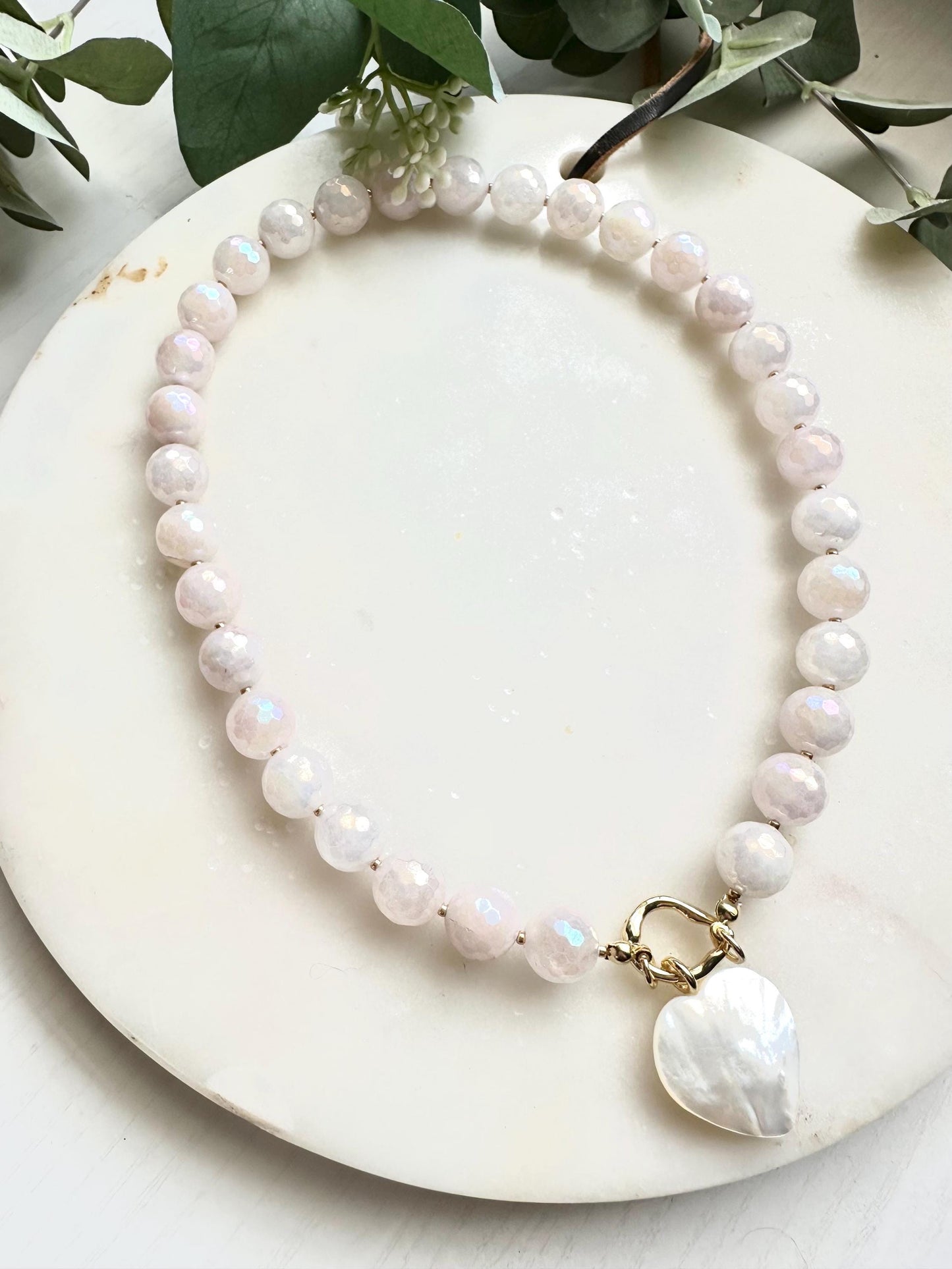 Mystic Rose Quartz Necklace with Freshwater Shell Heart Pendant | 12mm Faceted Gemstone Beaded Necklace | Romantic Handmade Jewelry |