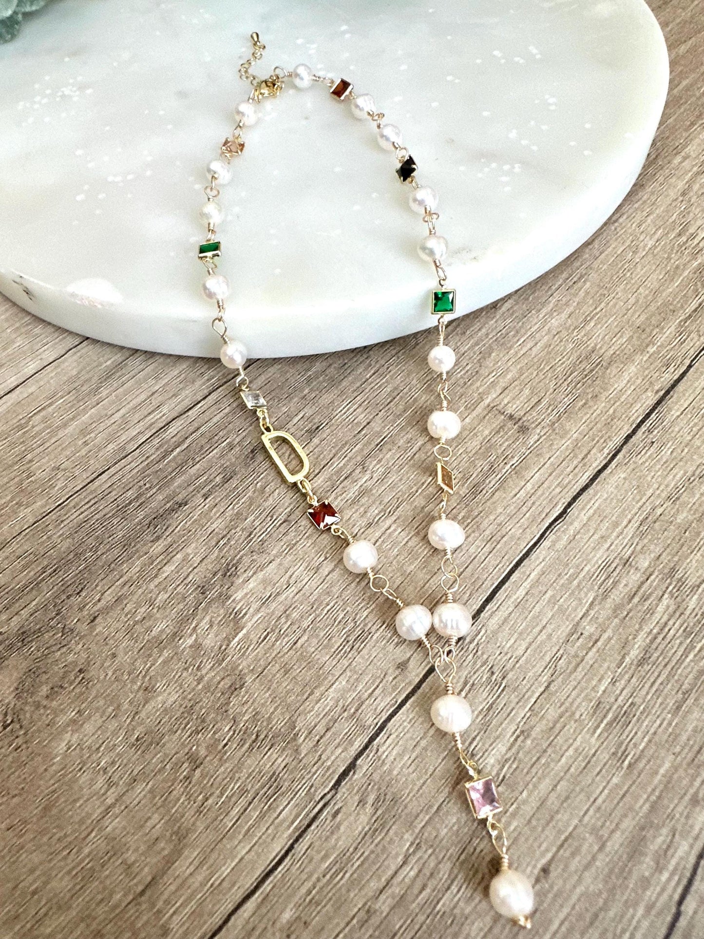Gold Initial Freshwater Pearl and Crystal Necklace-Gifts for Her- Y Necklace - Personalized Necklace