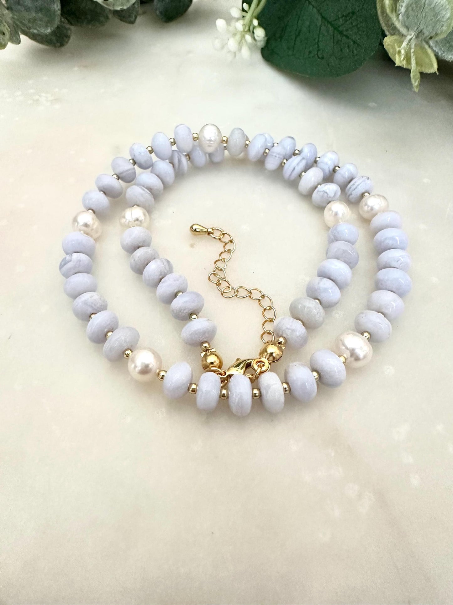 Blue Lace Chalcedony and Freshwater Pearls Beaded Necklace -Gift-Wedding-Bridesmaids