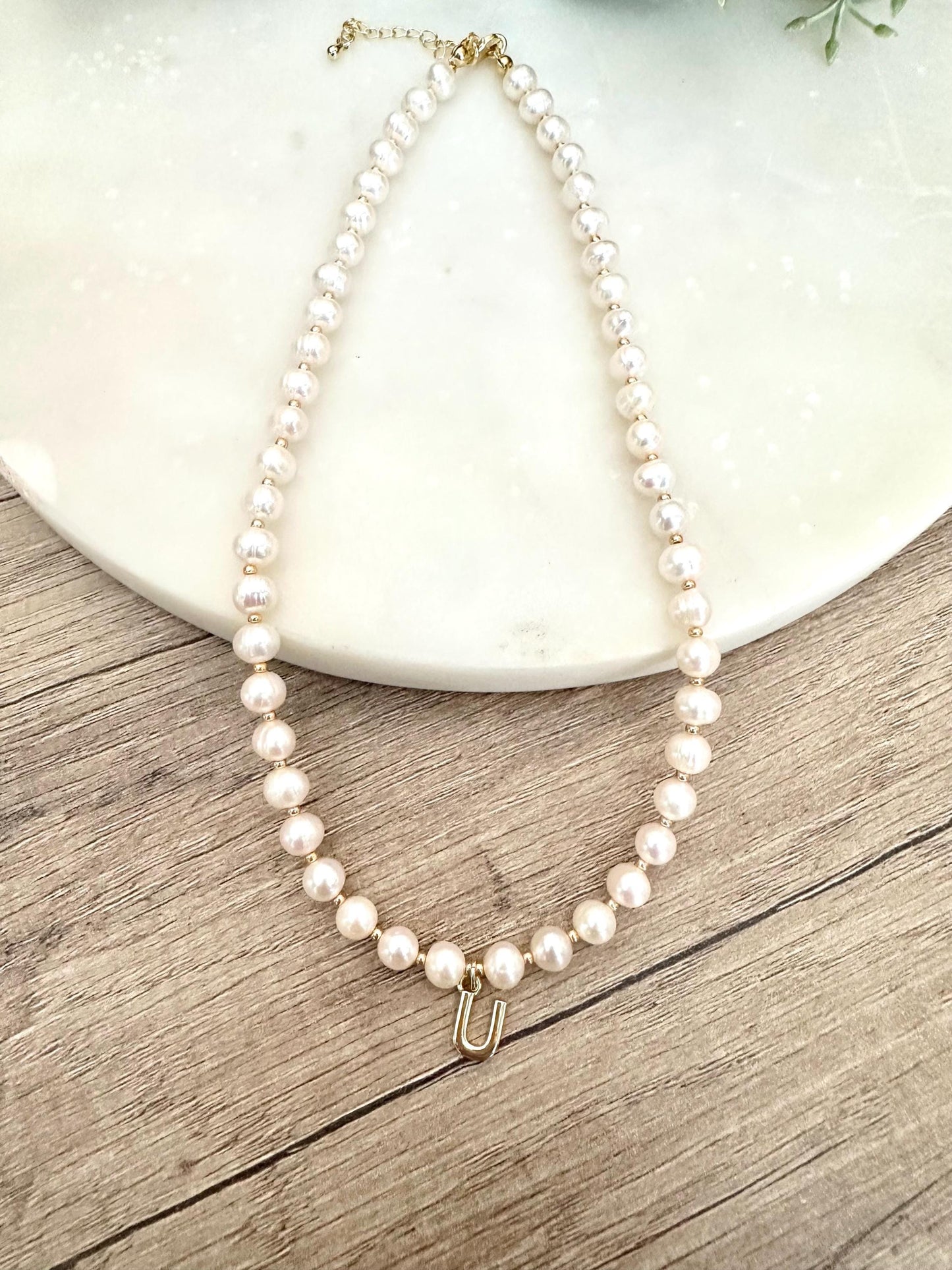 Freshwater Pearl Initial Necklace – Personalized Gold Letter Pendant