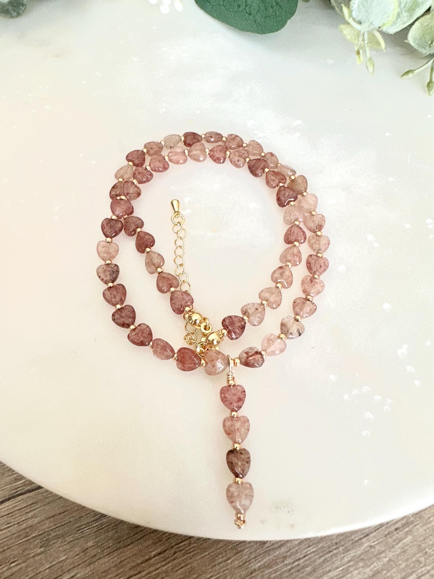 Strawberry Quartz Hearts Necklace-Gifts for Her - Y Necklace