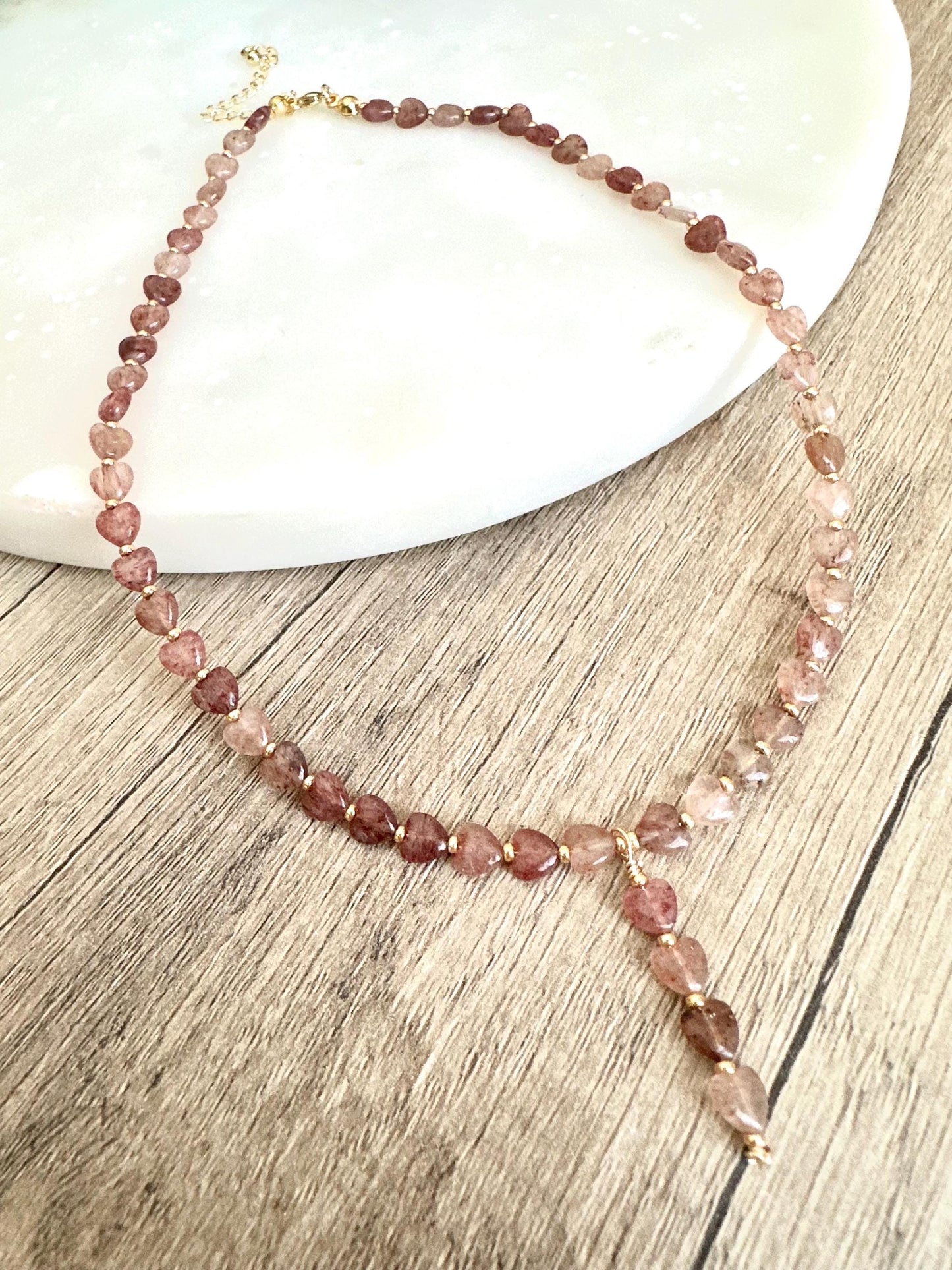 Strawberry Quartz Hearts Necklace-Gifts for Her - Y Necklace