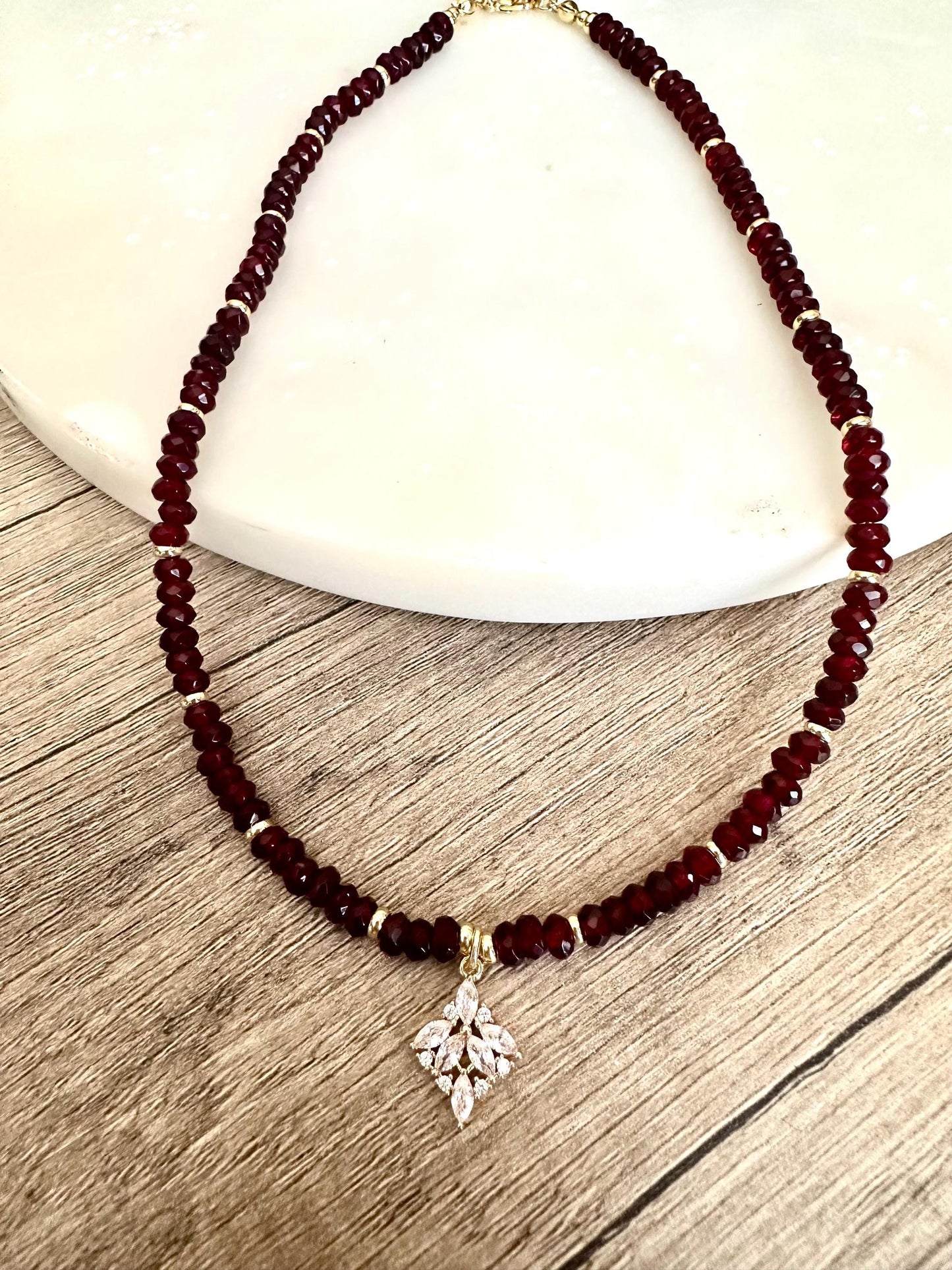 Garnet and Beaded Necklace with Cz Filigree Drop Pendant -Gift-Wedding-Bridesmaid