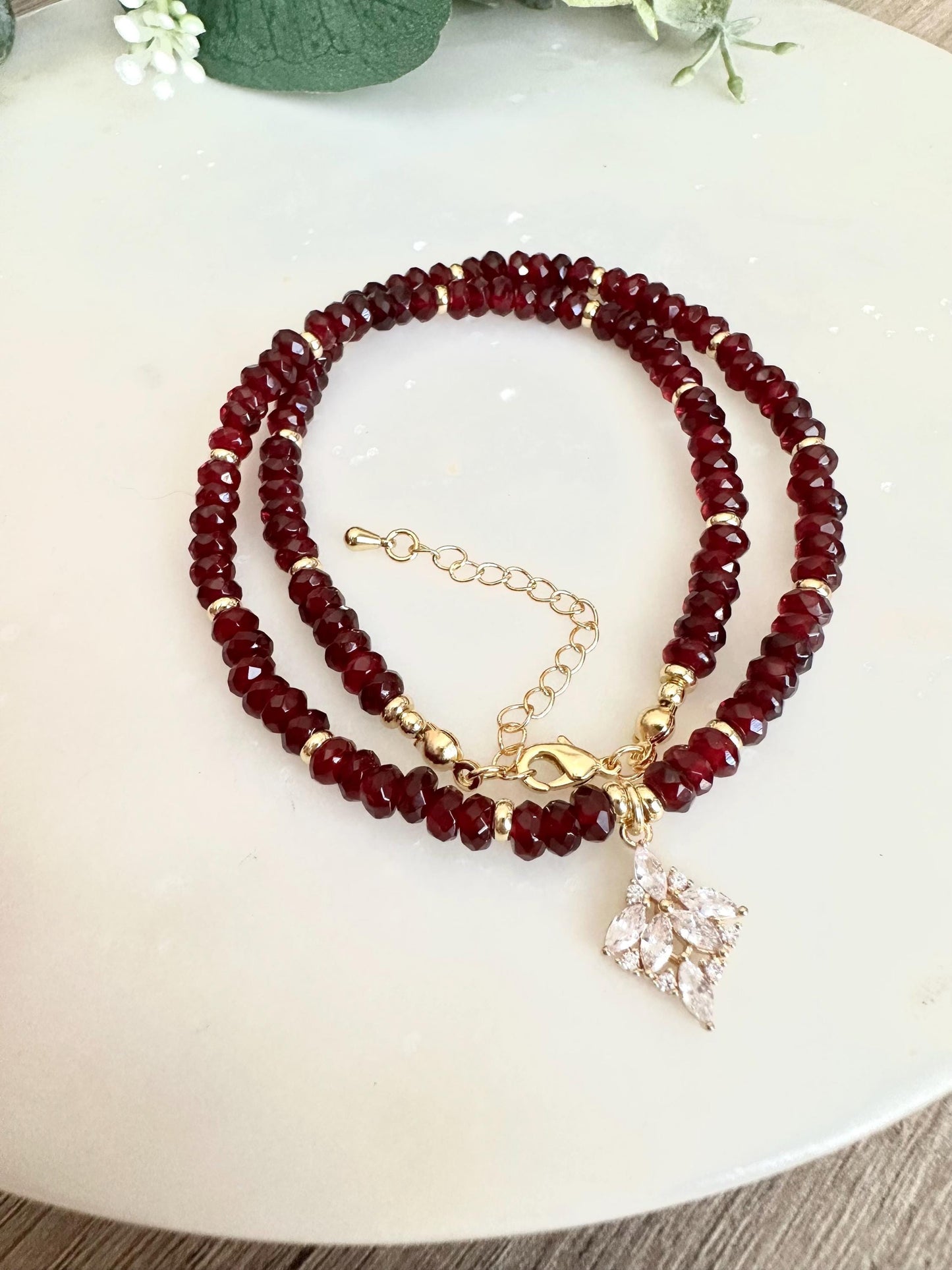 Garnet and Beaded Necklace with Cz Filigree Drop Pendant -Gift-Wedding-Bridesmaid