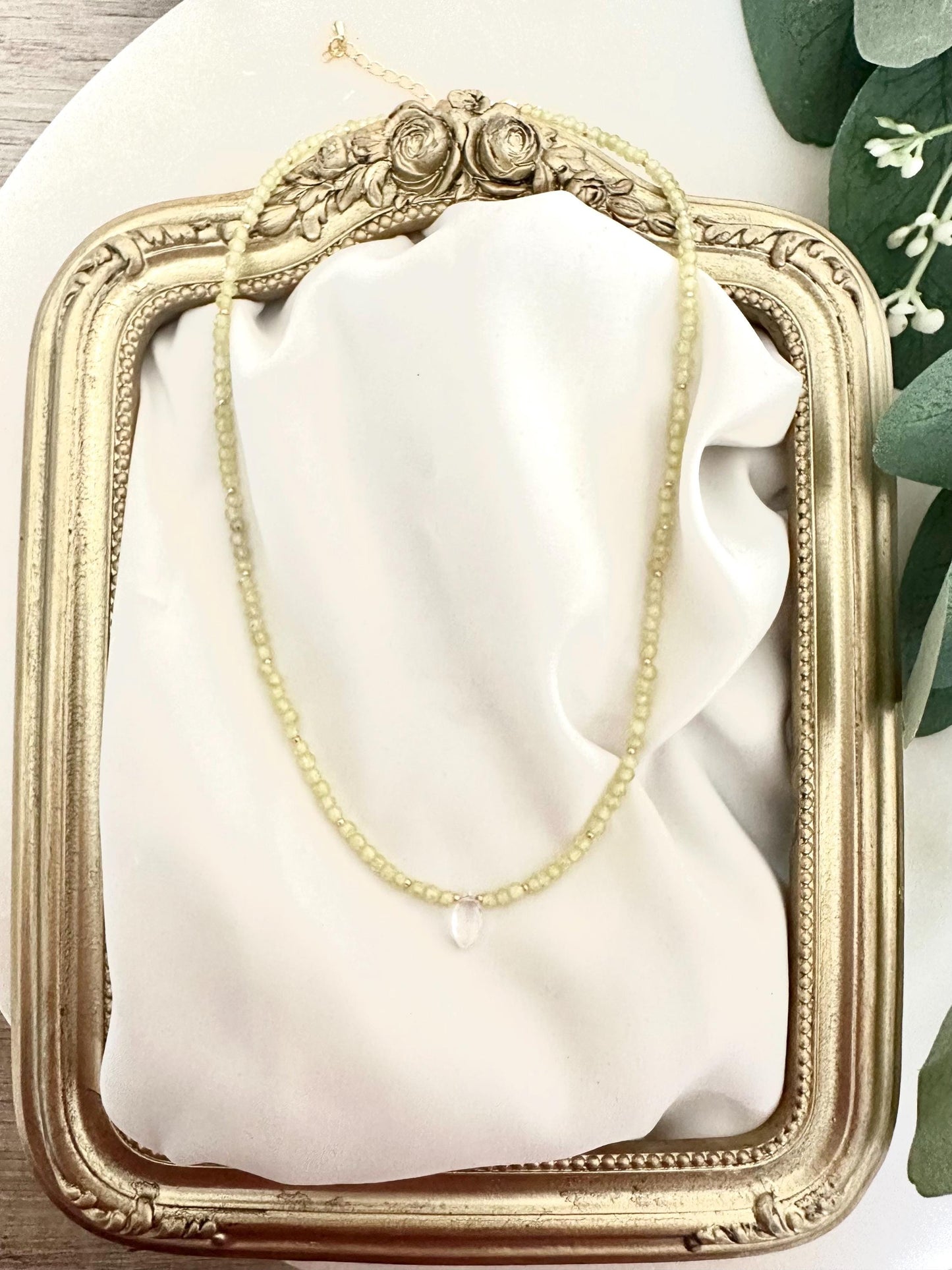 Zircon Peridot Necklace with Clear Quartz Drop | 3–4mm Faceted Gemstone Beaded Necklace | Gold-Filled Layering Jewelry | Handmade Gift