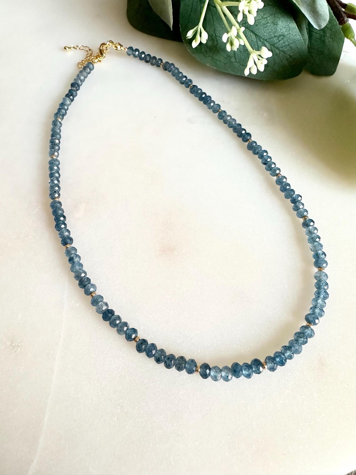 Denim Blue Jade Necklace | 3x4mm Faceted Gemstone Beaded Necklace | Handmade Gold Layering Jewelry | Minimalist Gift for Her