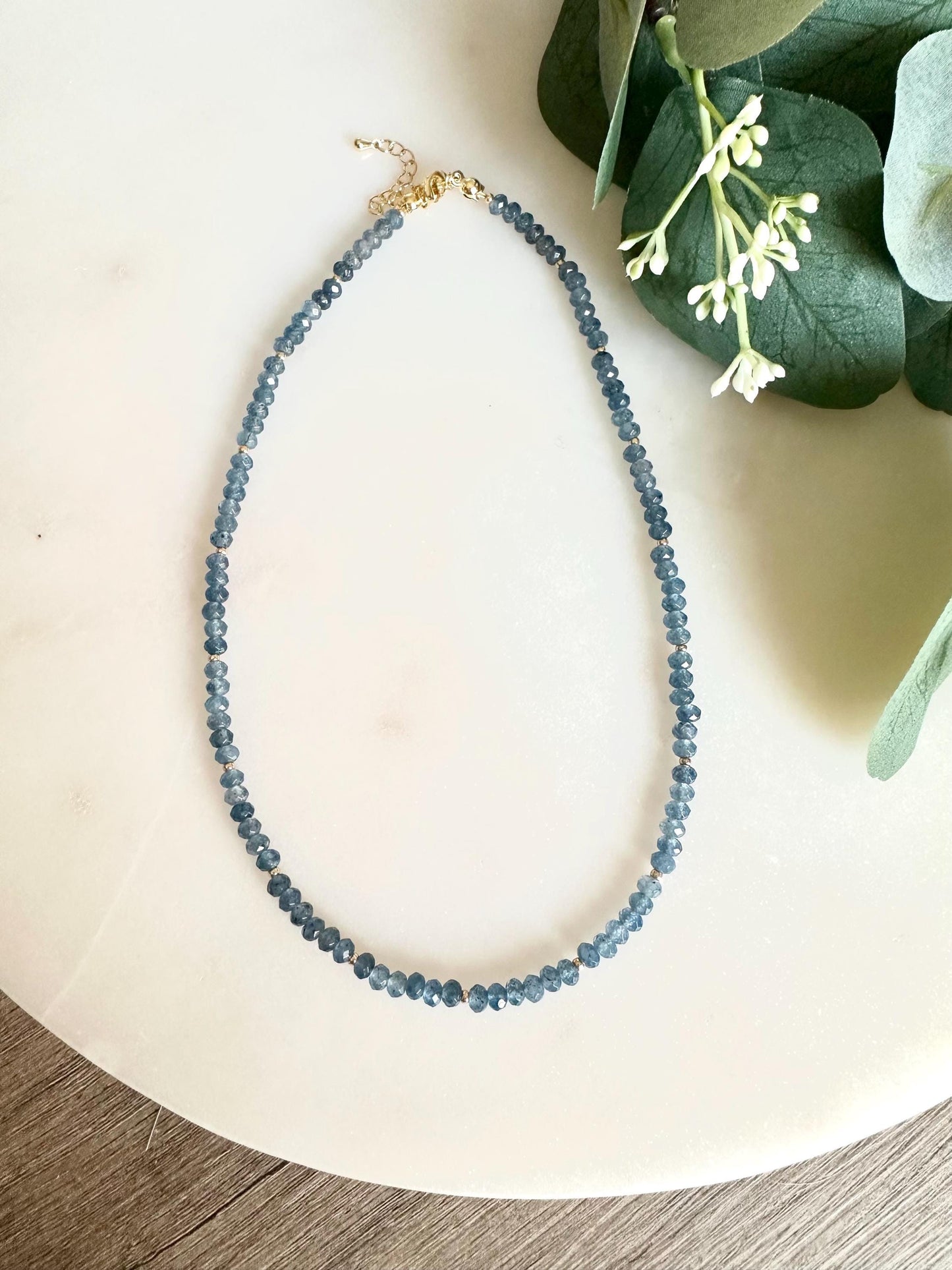 Denim Blue Jade Necklace | 3x4mm Faceted Gemstone Beaded Necklace | Handmade Gold Layering Jewelry | Minimalist Gift for Her