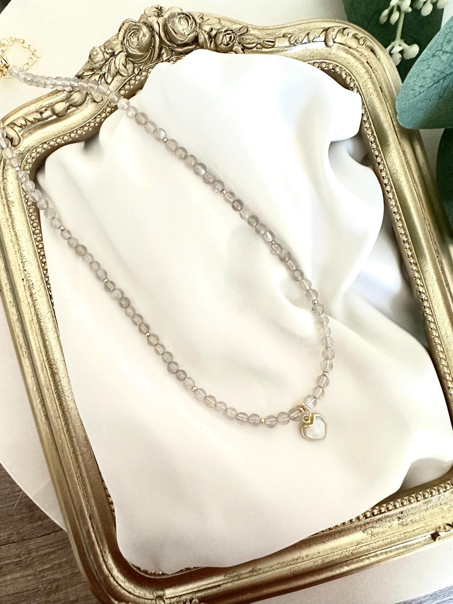 Labradorite Necklace with Moonstone Heart Pendant | 4mm Round Faceted Gemstone Necklace | Gold-Filled Layering Jewelry | Handmade Gift