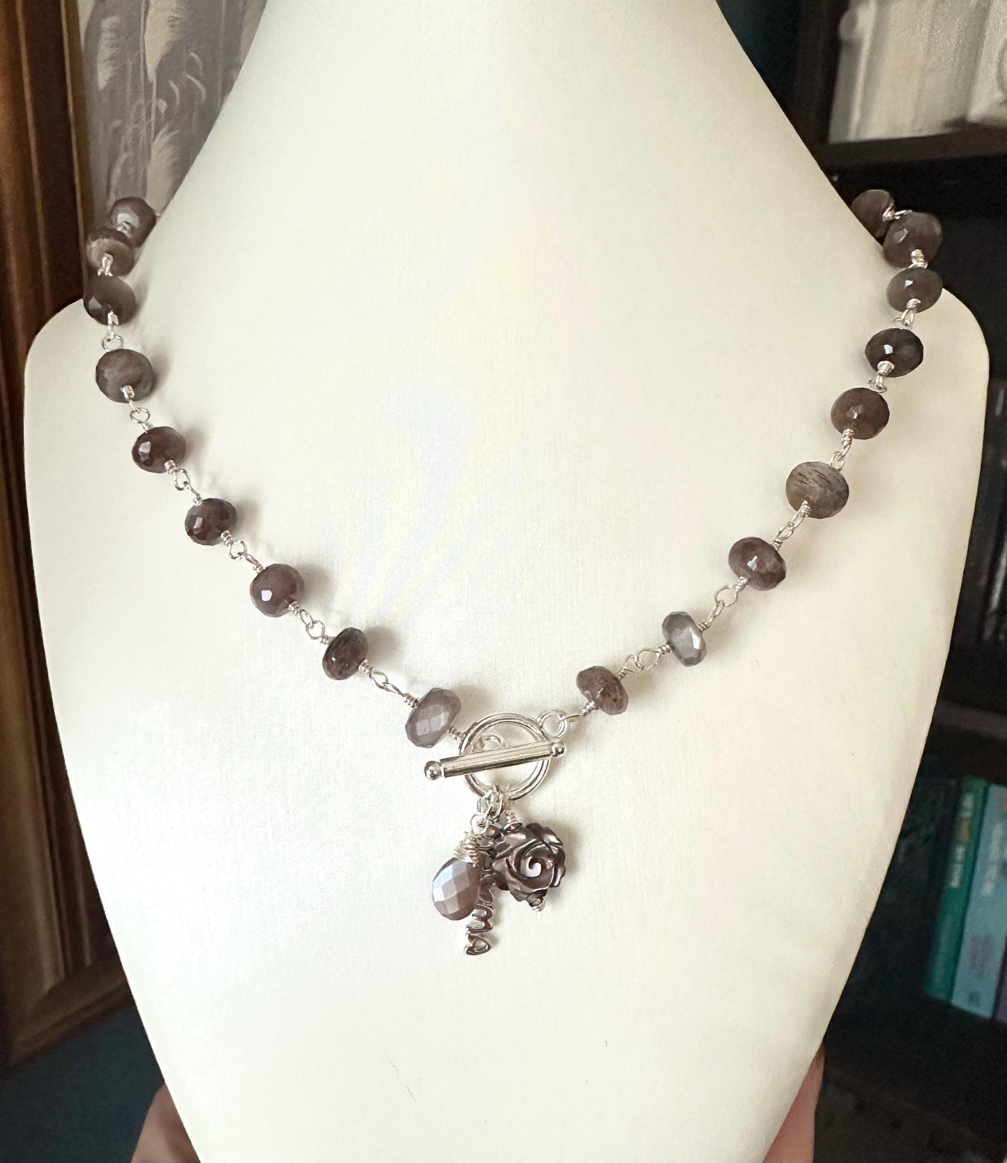 Mystic Chocolate Moonstone Necklace | Mother of Pearl Rose & “Mama” Charm | Hand-Wrapped Moonstone Briolette | Silver Toggle Necklace