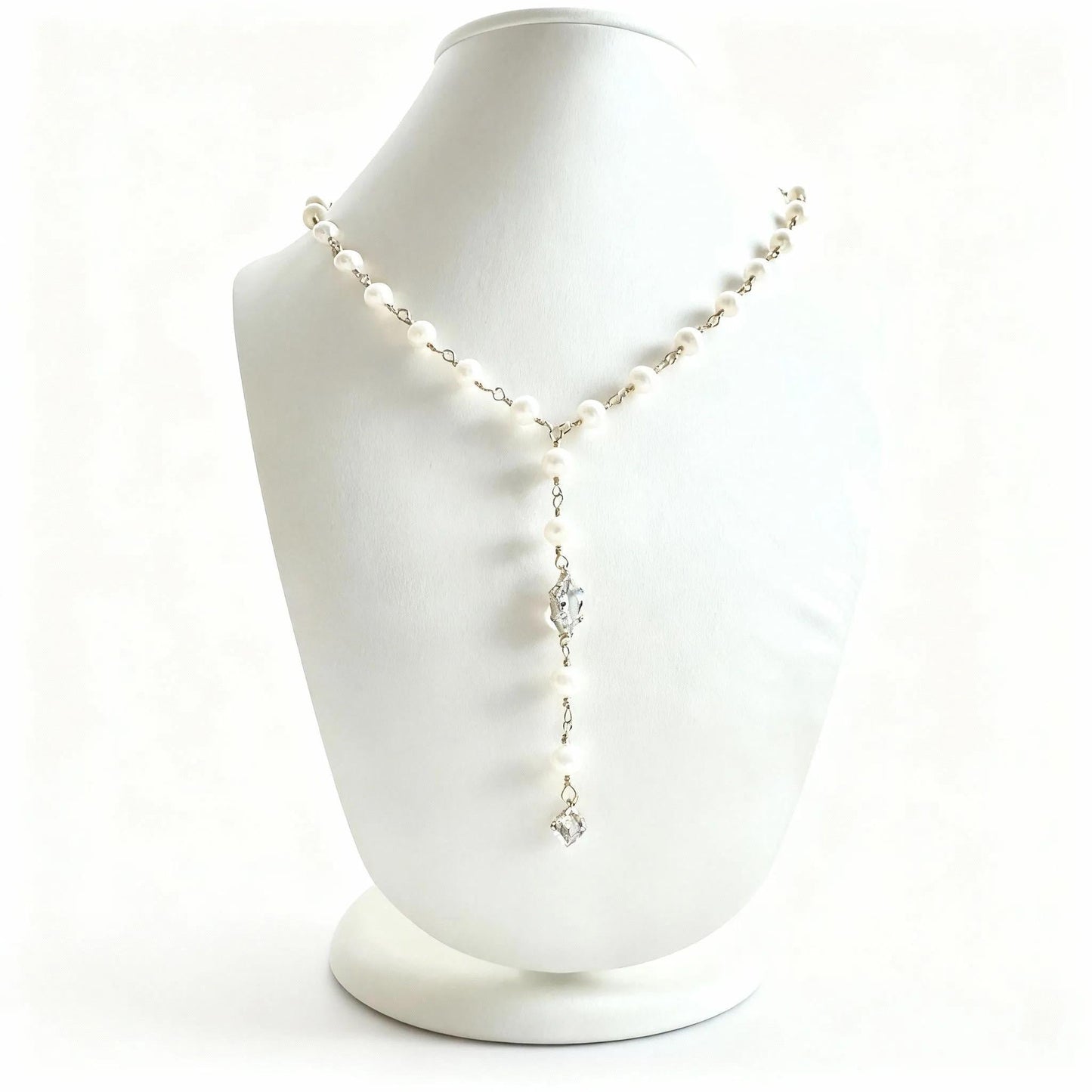 Freshwater Pearl Necklace with CZ Marquis & Drop Charm | Hand-Wrapped Gold Y Necklace | Bridal Jewelry | Elegant Gift for Her