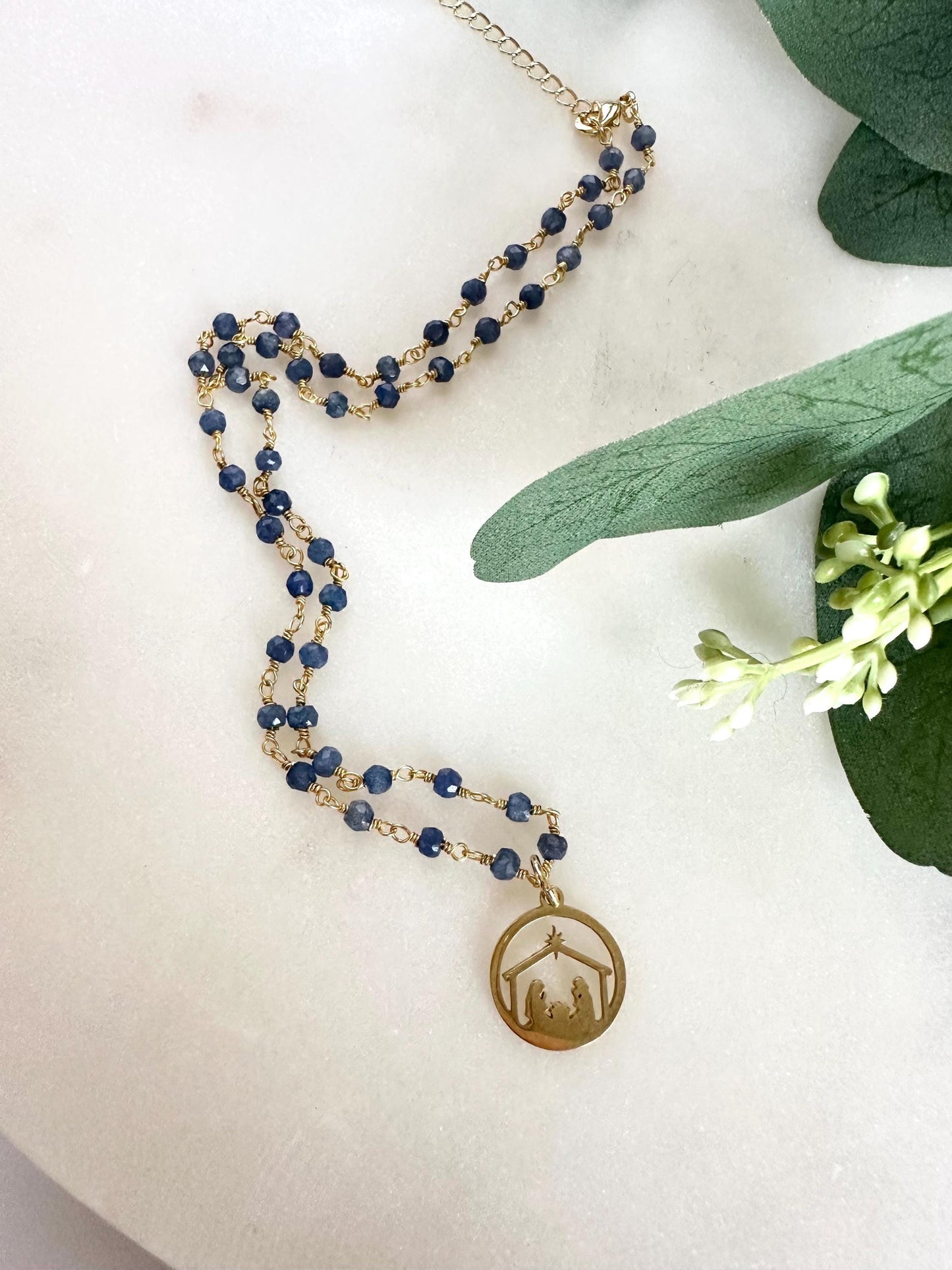 Blue Sapphire Nativity Necklace: Gold Plated Religious Jewelry