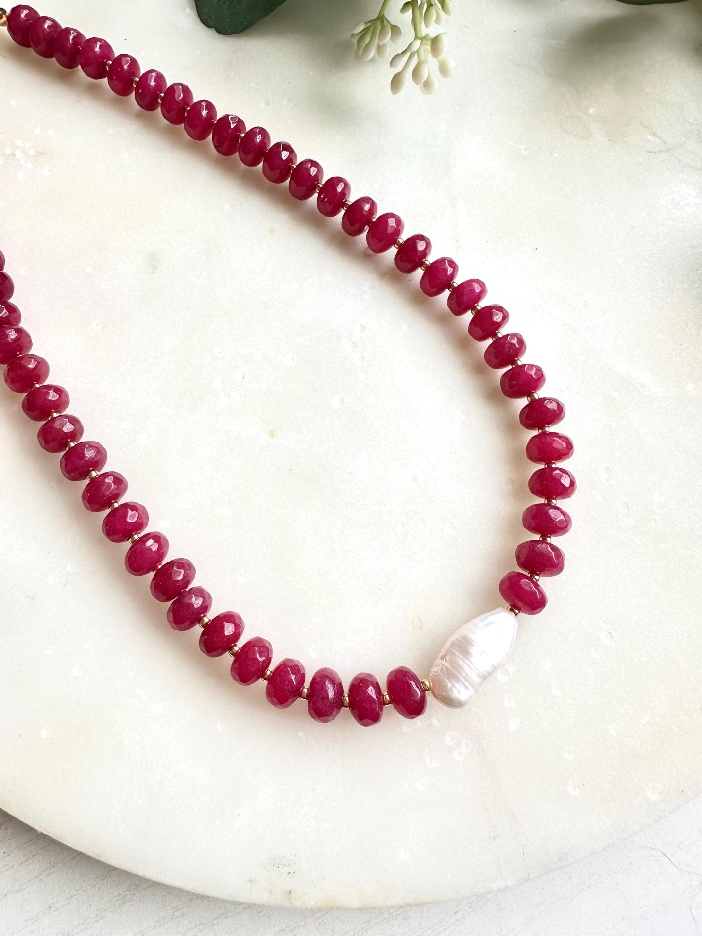 Red Ruby Jade with Freshwater Pearl Beaded Necklace -Gemstone Beaded Necklace