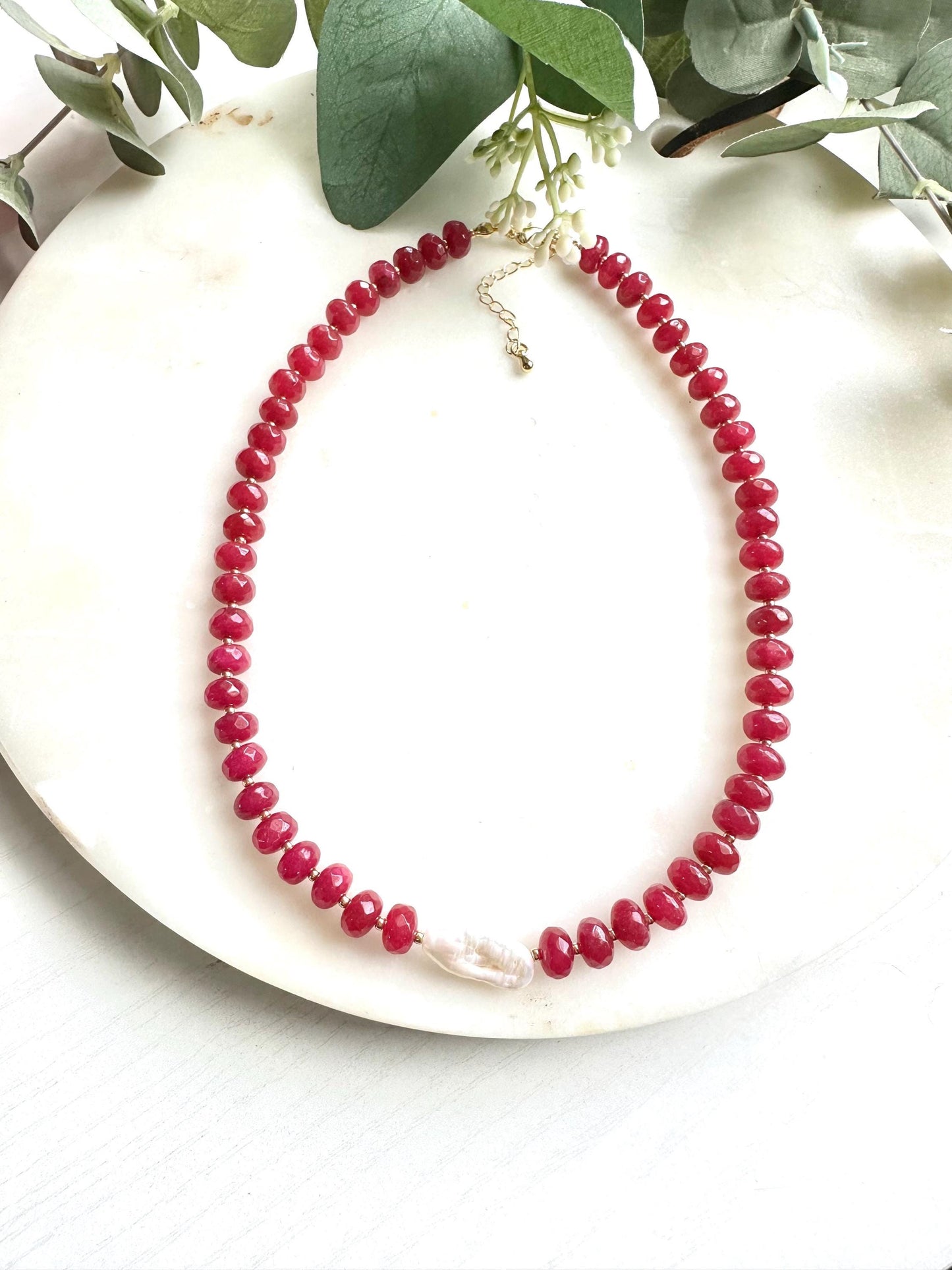 Red Ruby Jade with Freshwater Pearl Beaded Necklace -Gemstone Beaded Necklace