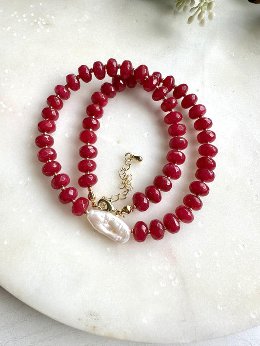 Red Ruby Jade with Freshwater Pearl Beaded Necklace -Gemstone Beaded Necklace