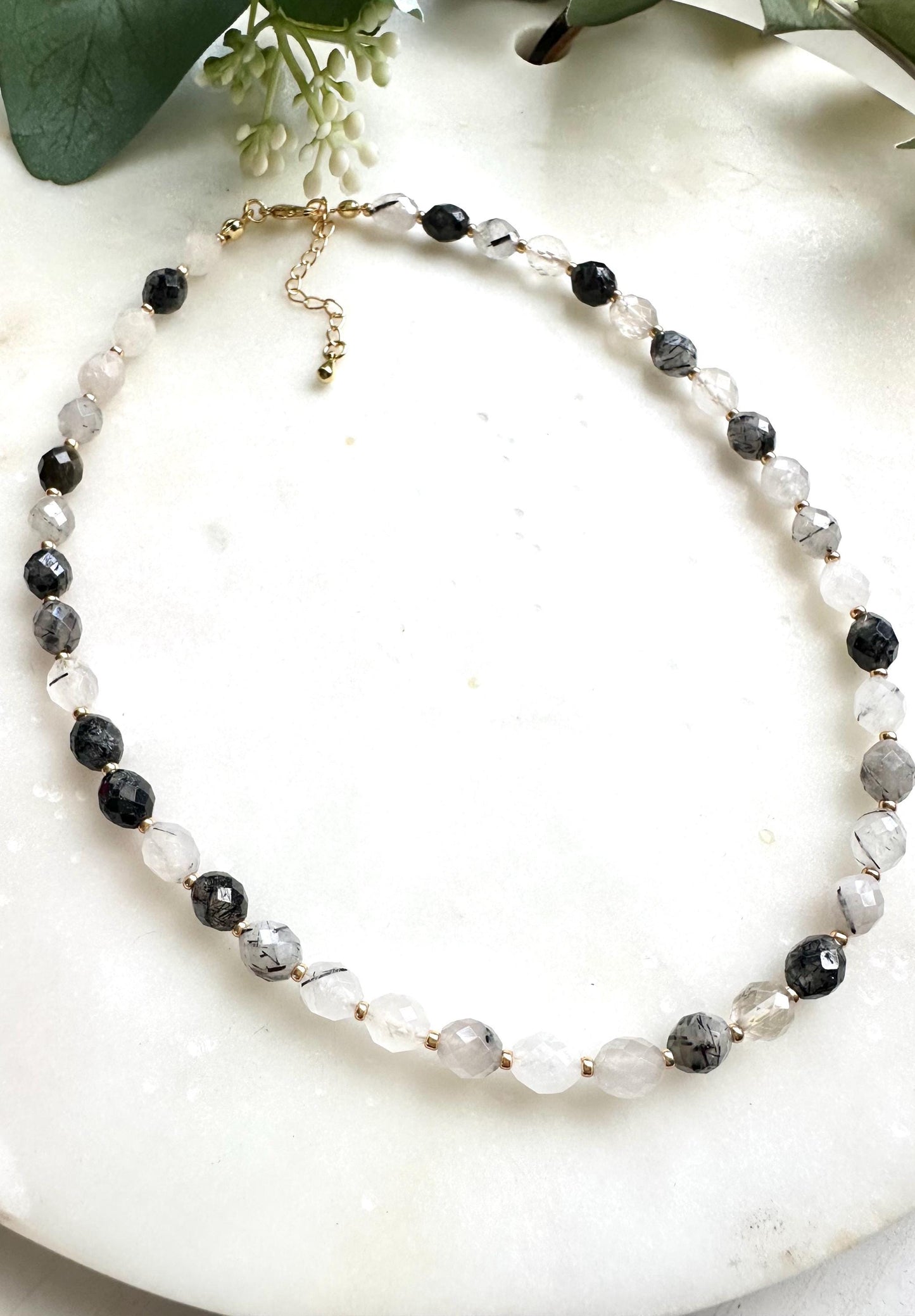 Black Rutilated Quartz Necklace | Faceted Gemstone Beaded Necklace | Minimalist Black and Clear Quartz Jewelry | Handmade Necklace l Gift