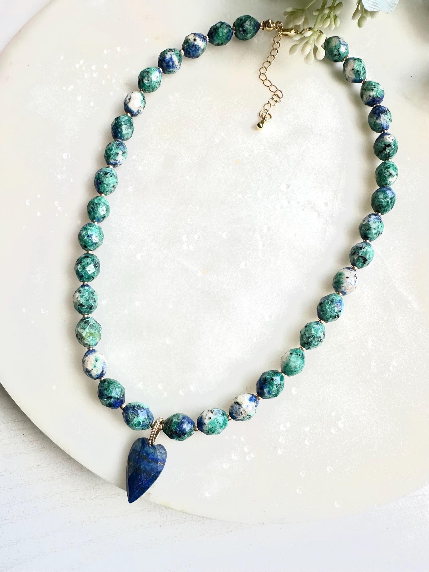 Azurite and Lapis Lazuli Heart Necklace | Blue Green Gemstone Beaded Necklace | Handmade Gold Jewelry | Ocean-Inspired Statement Necklace