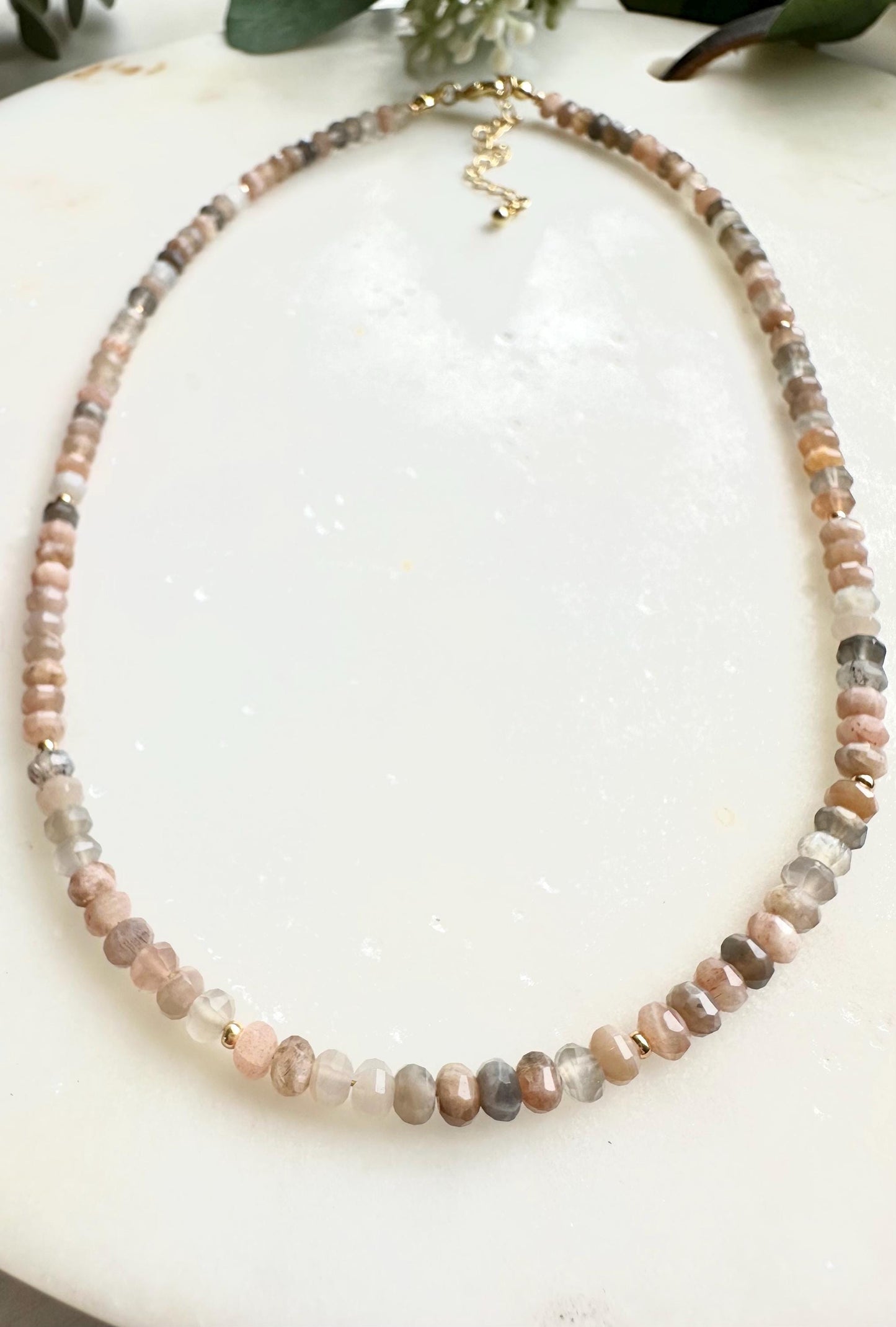 Peach Moonstone Necklace | 4mm Faceted Gemstone Beaded Necklace | Dainty Layering Necklace | Handmade Gold Jewelry | Soft Neutral Gift