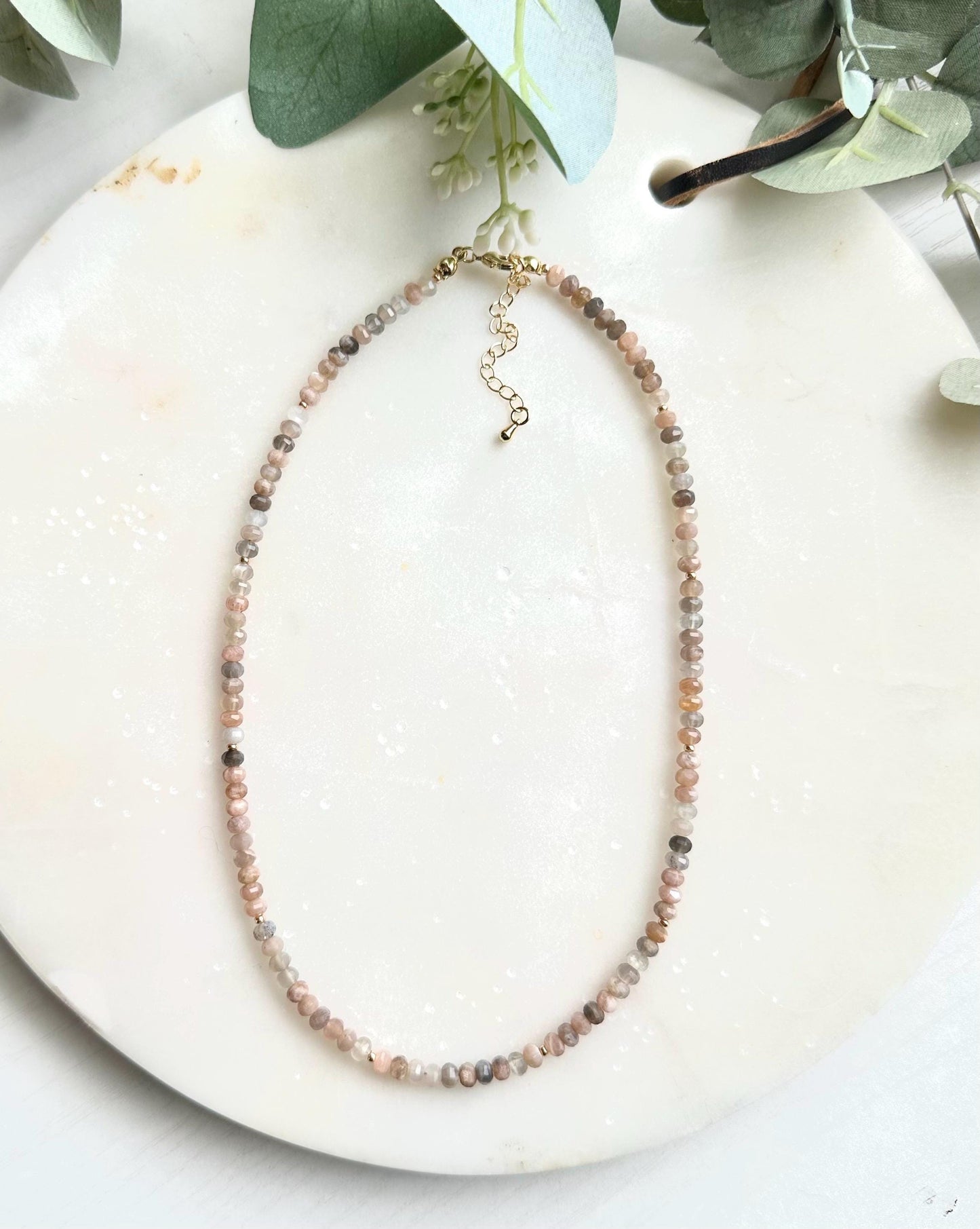 Peach Moonstone Necklace | 4mm Faceted Gemstone Beaded Necklace | Dainty Layering Necklace | Handmade Gold Jewelry | Soft Neutral Gift