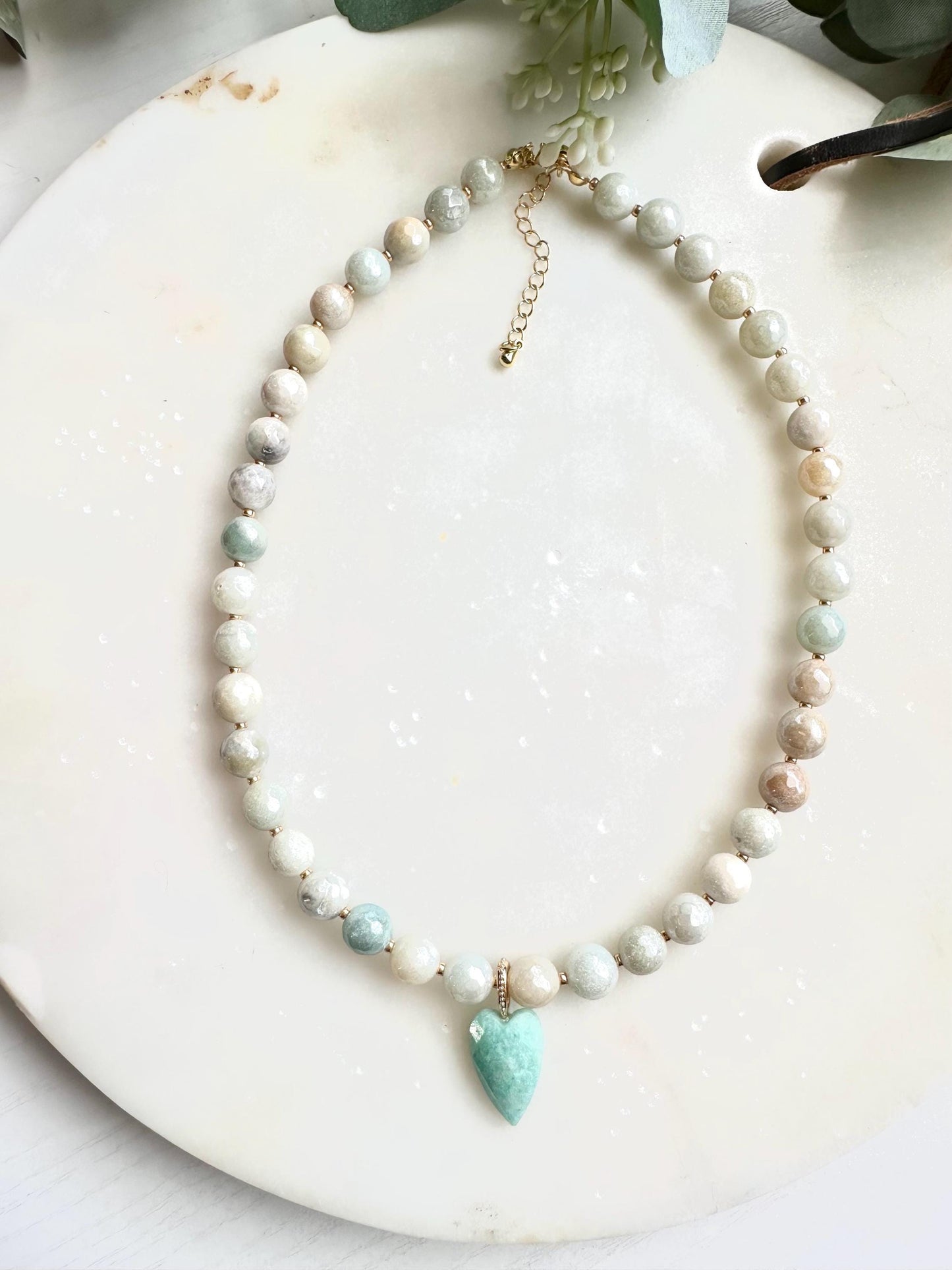 Mystic Amazonite Necklace with Amazonite Heart Pendant | Faceted Gemstone Beaded Necklace | Handmade Calming Jewelry | Gift for Her