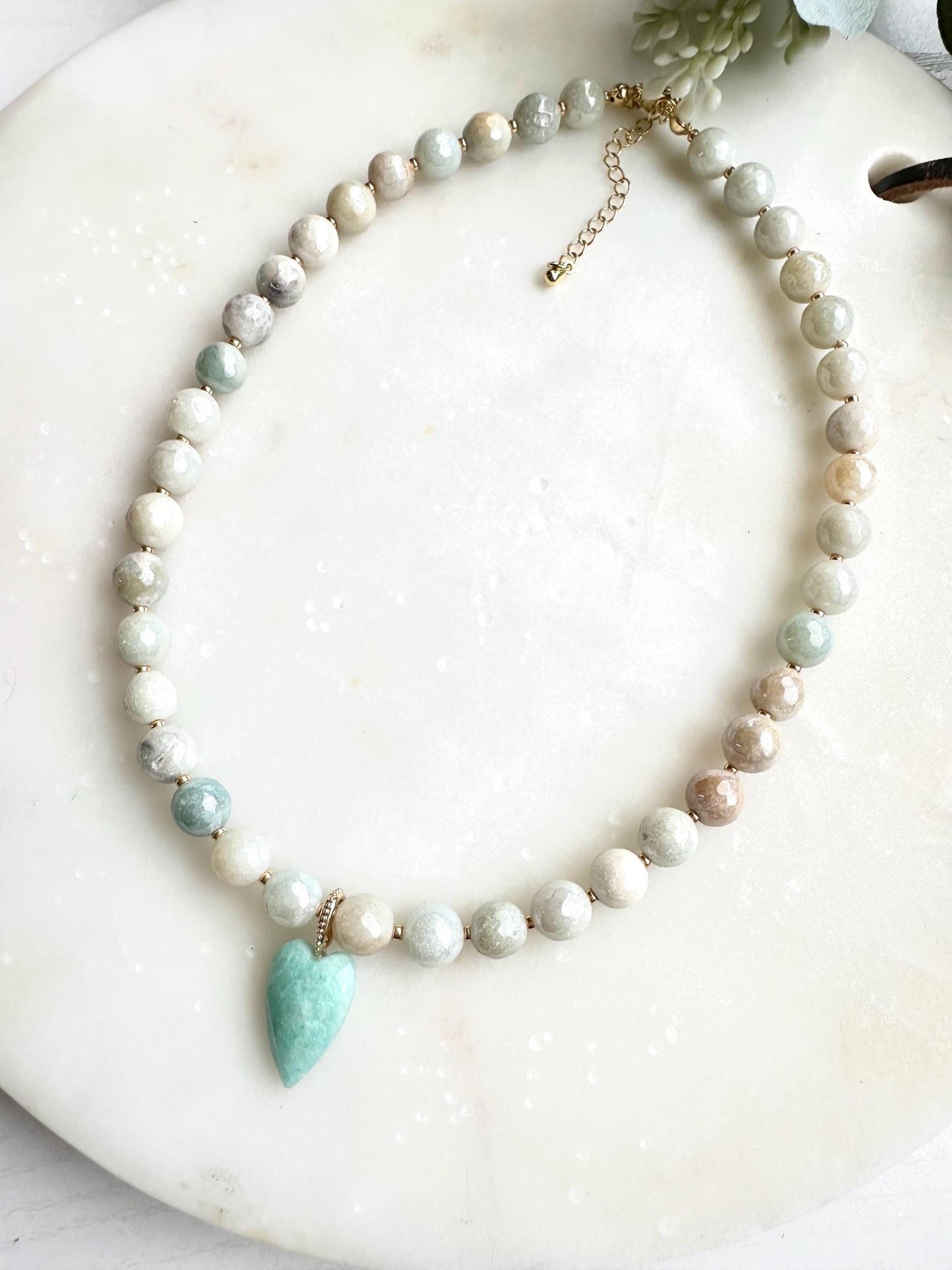 Mystic Amazonite Necklace with Amazonite Heart Pendant | Faceted Gemstone Beaded Necklace | Handmade Calming Jewelry | Gift for Her