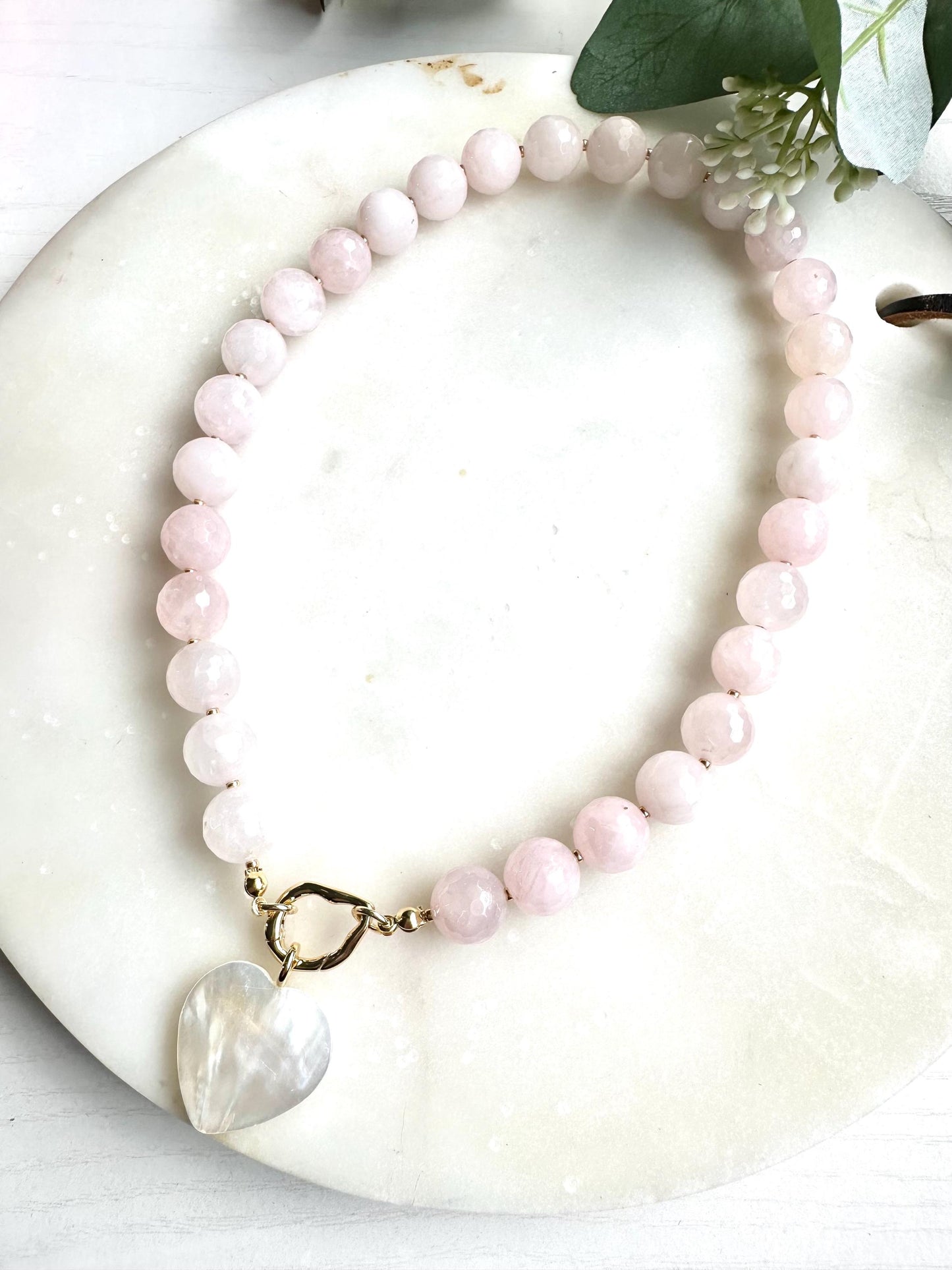 Rose Quartz Necklace with Freshwater Shell Heart Pendant | 12mm Faceted Gemstone Beaded Necklace | Romantic Handmade Jewelry | Gift for Her