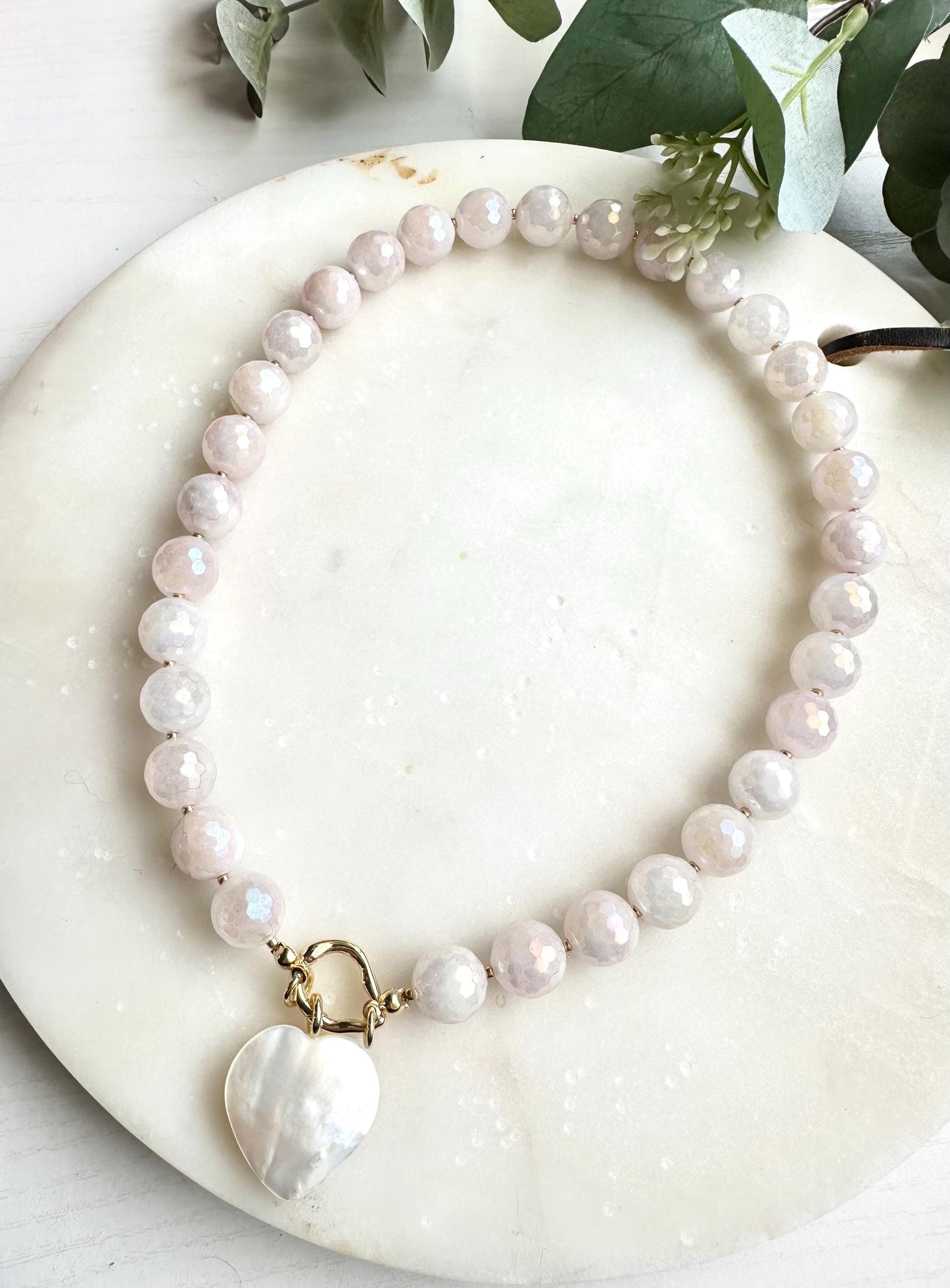 Mystic Rose Quartz Necklace with Freshwater Shell Heart Pendant | 12mm Faceted Gemstone Beaded Necklace | Romantic Handmade Jewelry |