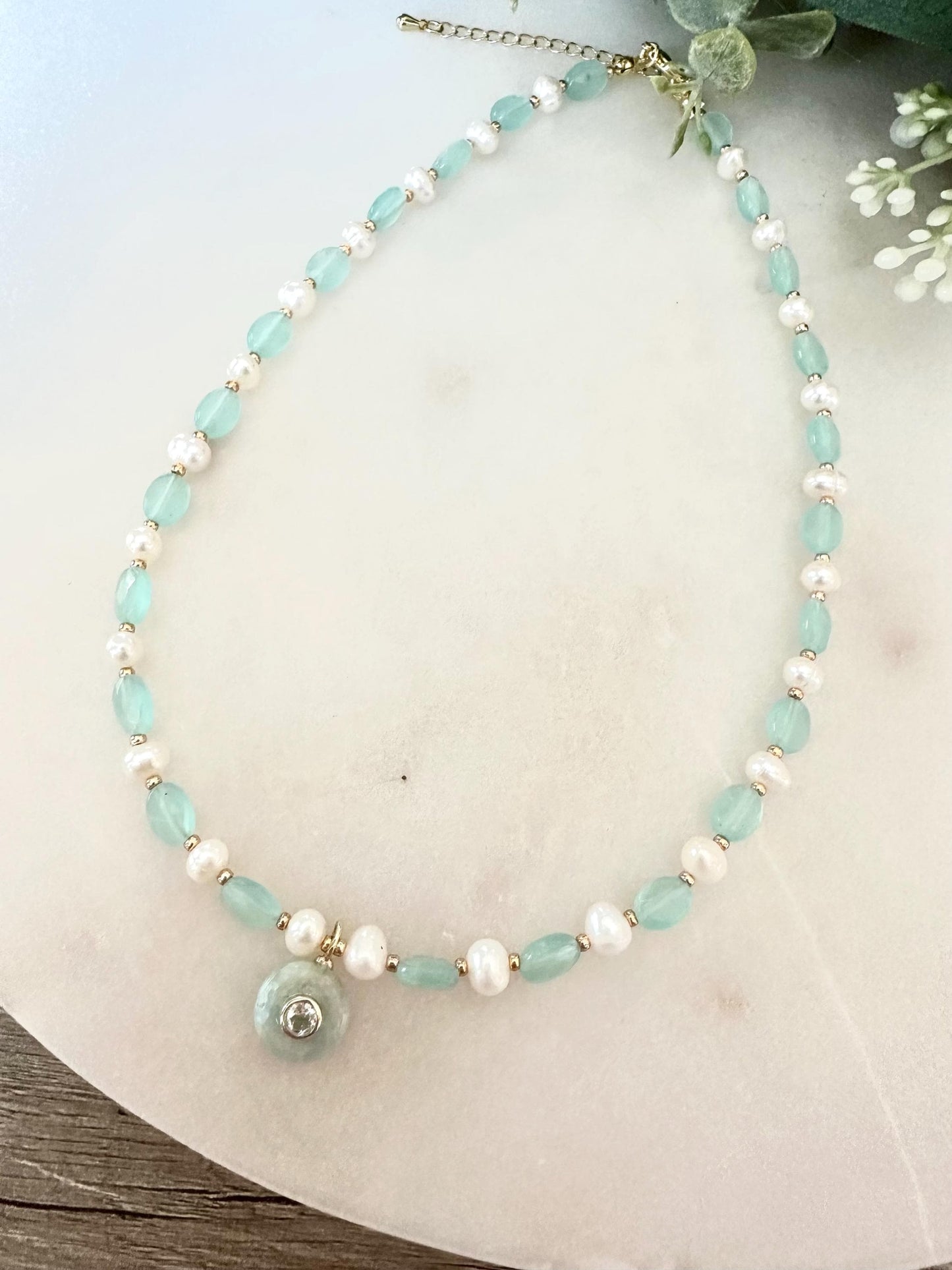 Aqua Green Chalcedony & Freshwater Pearl Necklace • Aquamarine Pendant • Gemstone Beaded Necklace • Gold Filled • Gift for Her