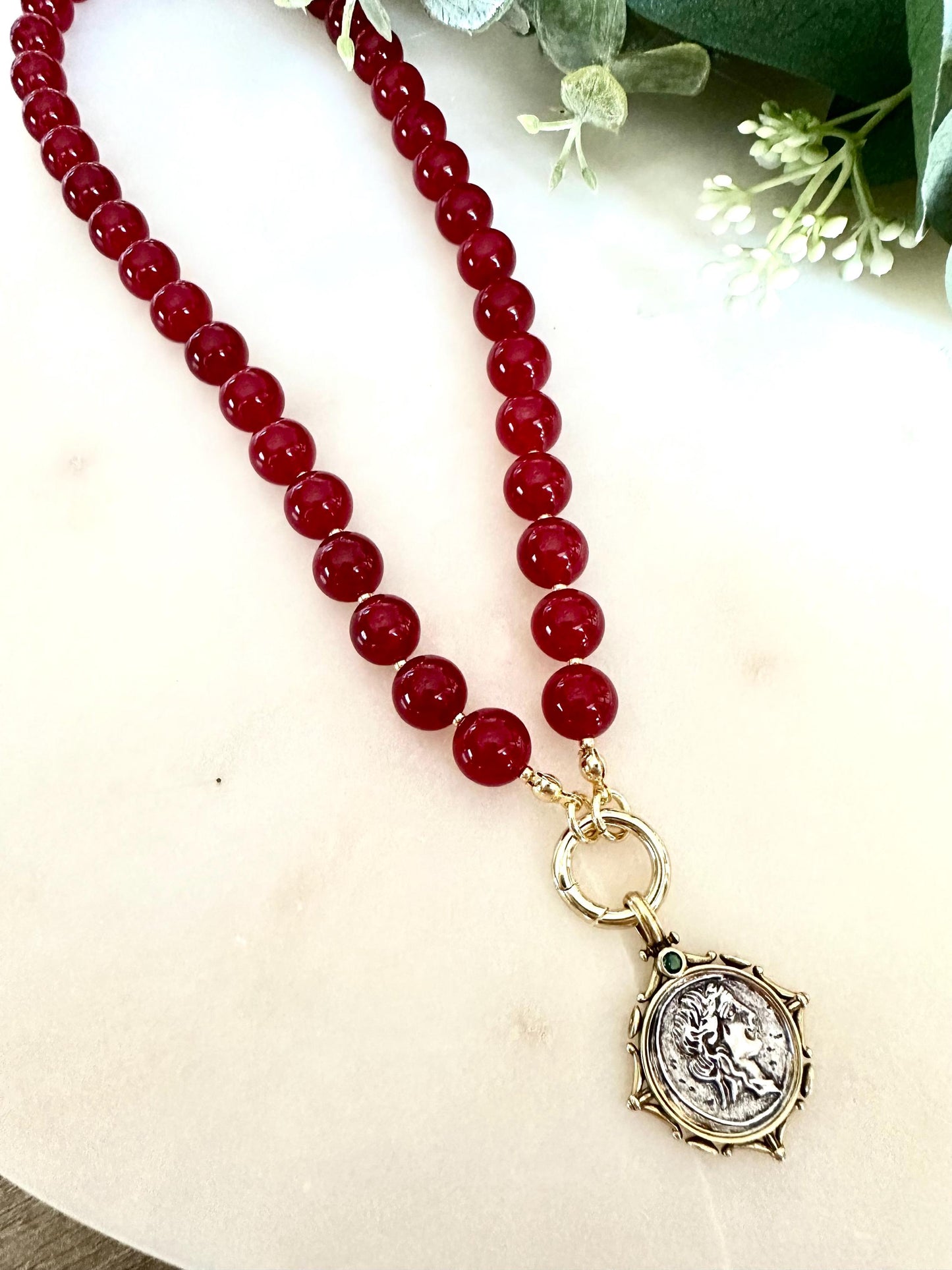Maroon Red Jade Necklace • 8mm Beaded Strand • Coin Pendant Necklace • Bold Statement Jewelry • 18 Inch Handmade Gemstone Necklace