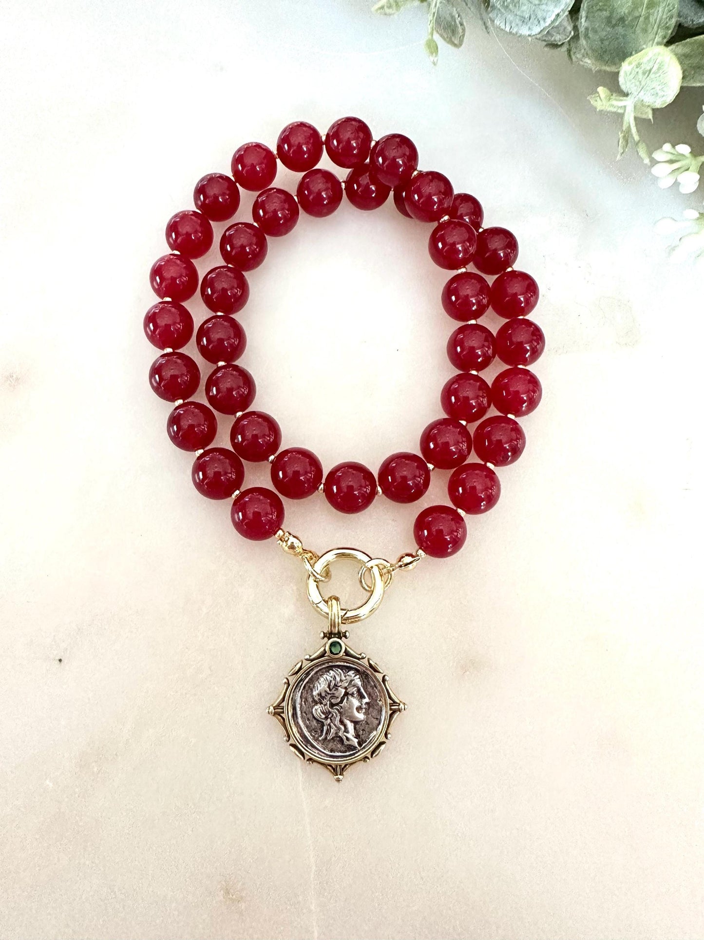 Maroon Red Jade Necklace • 8mm Beaded Strand • Coin Pendant Necklace • Bold Statement Jewelry • 18 Inch Handmade Gemstone Necklace