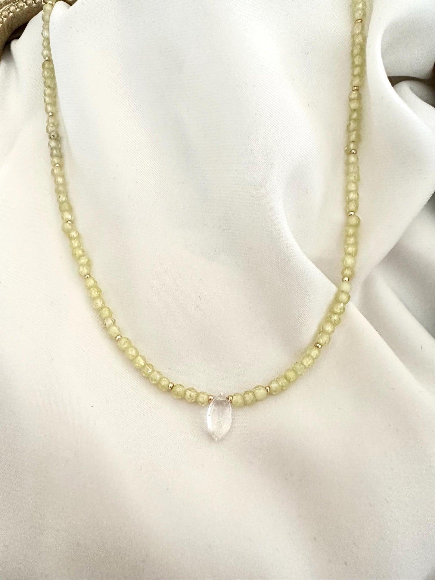 Zircon Peridot Necklace with Clear Quartz Drop | 3–4mm Faceted Gemstone Beaded Necklace | Gold-Filled Layering Jewelry | Handmade Gift