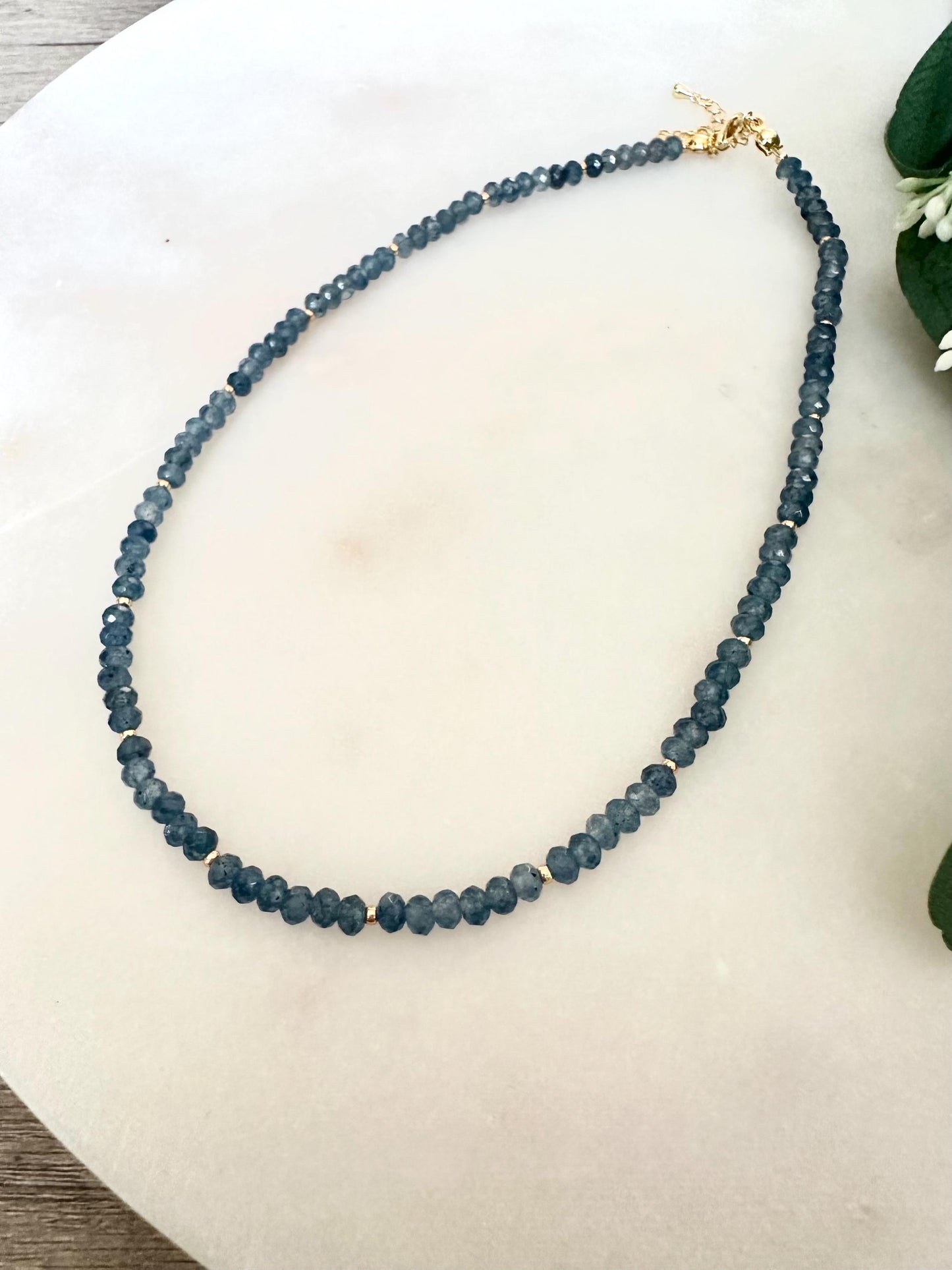 Denim Blue Jade Necklace | 3x4mm Faceted Gemstone Beaded Necklace | Handmade Gold Layering Jewelry | Minimalist Gift for Her