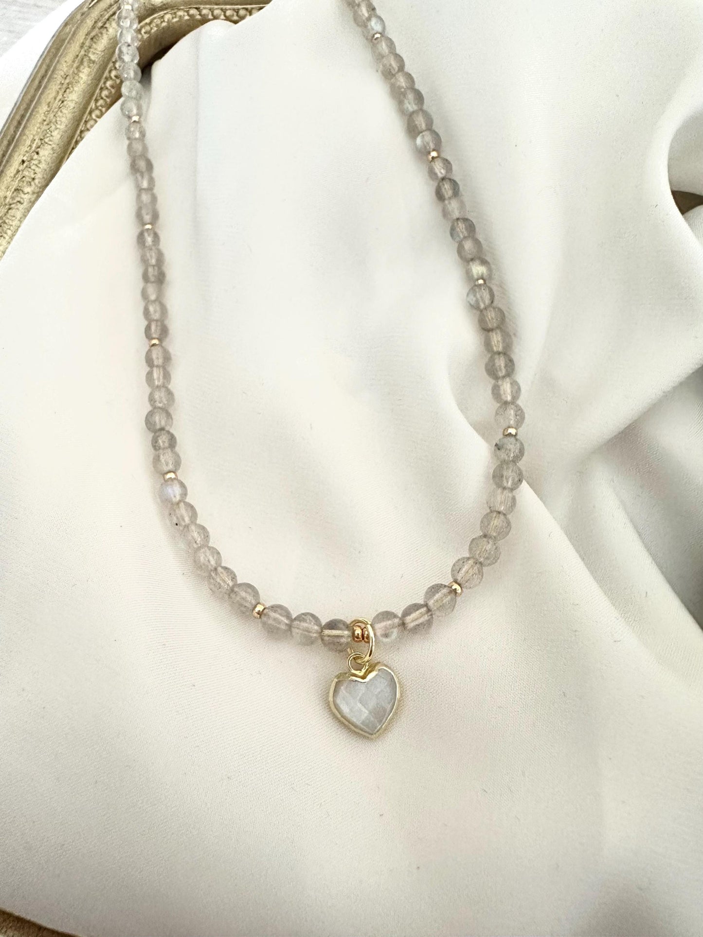 Labradorite Necklace with Moonstone Heart Pendant | 4mm Round Faceted Gemstone Necklace | Gold-Filled Layering Jewelry | Handmade Gift