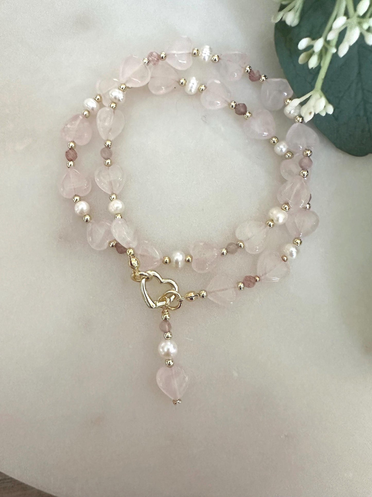 Rose Quartz Heart Necklace with Freshwater Pearls & Strawberry Quartz | Gold Heart Clasp | Romantic Handmade Jewelry | Gift for Her