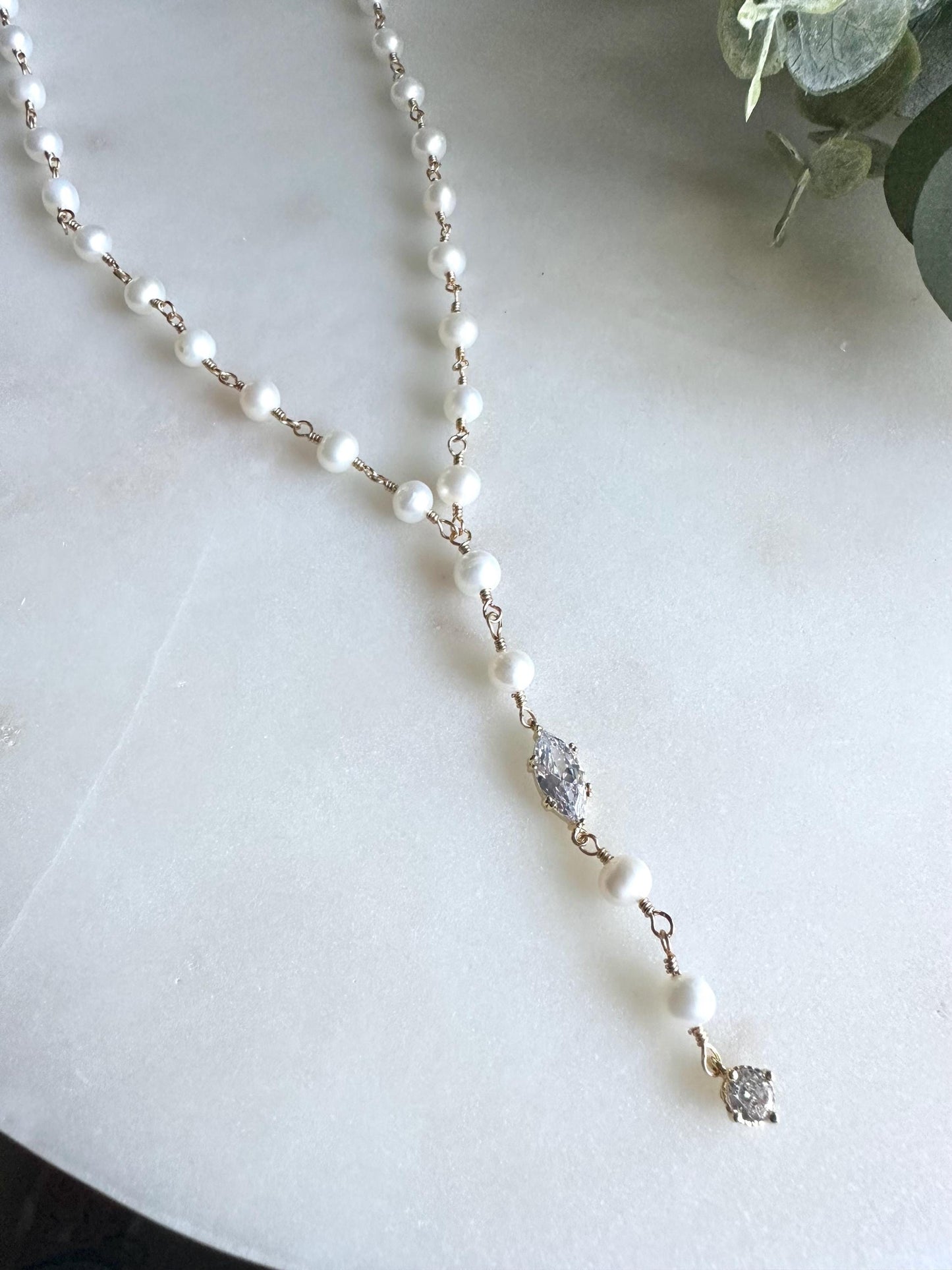 Freshwater Pearl Necklace with CZ Marquis & Drop Charm | Hand-Wrapped Gold Y Necklace | Bridal Jewelry | Elegant Gift for Her