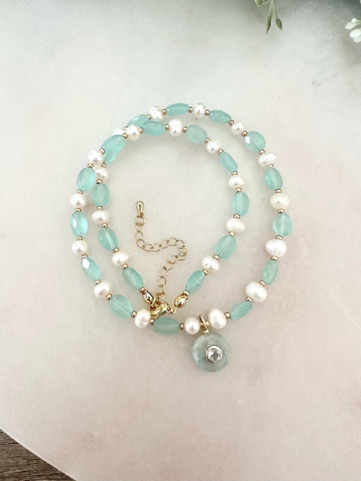 Aqua Green Chalcedony & Freshwater Pearl Necklace • Aquamarine Pendant • Gemstone Beaded Necklace • Gold Filled • Gift for Her