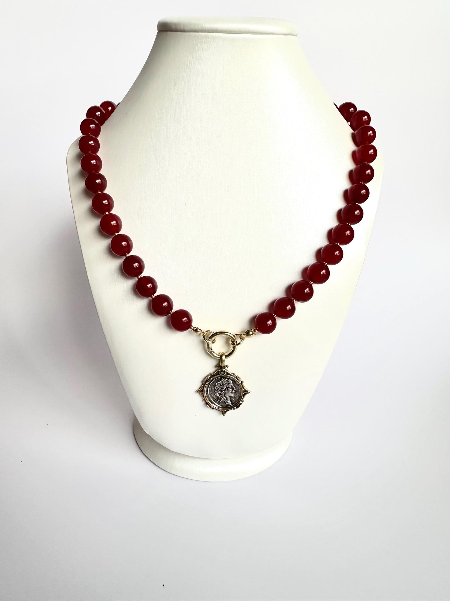 Maroon Red Jade Necklace • 8mm Beaded Strand • Coin Pendant Necklace • Bold Statement Jewelry • 18 Inch Handmade Gemstone Necklace