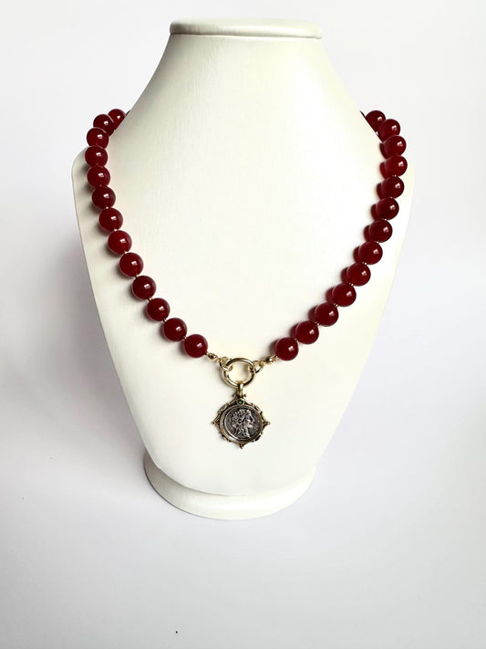 Maroon Red Jade Necklace • 8mm Beaded Strand • Coin Pendant Necklace • Bold Statement Jewelry • 18 Inch Handmade Gemstone Necklace