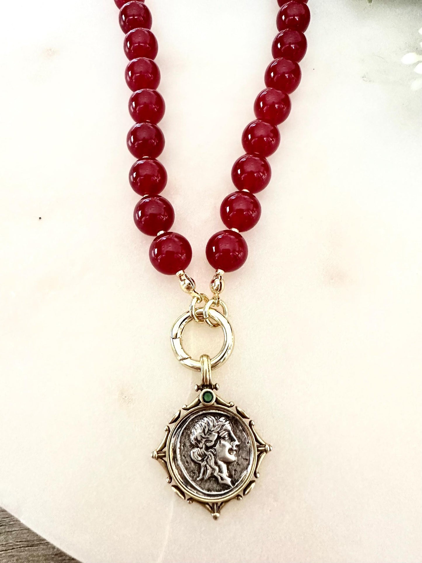 Maroon Red Jade Necklace • 8mm Beaded Strand • Coin Pendant Necklace • Bold Statement Jewelry • 18 Inch Handmade Gemstone Necklace