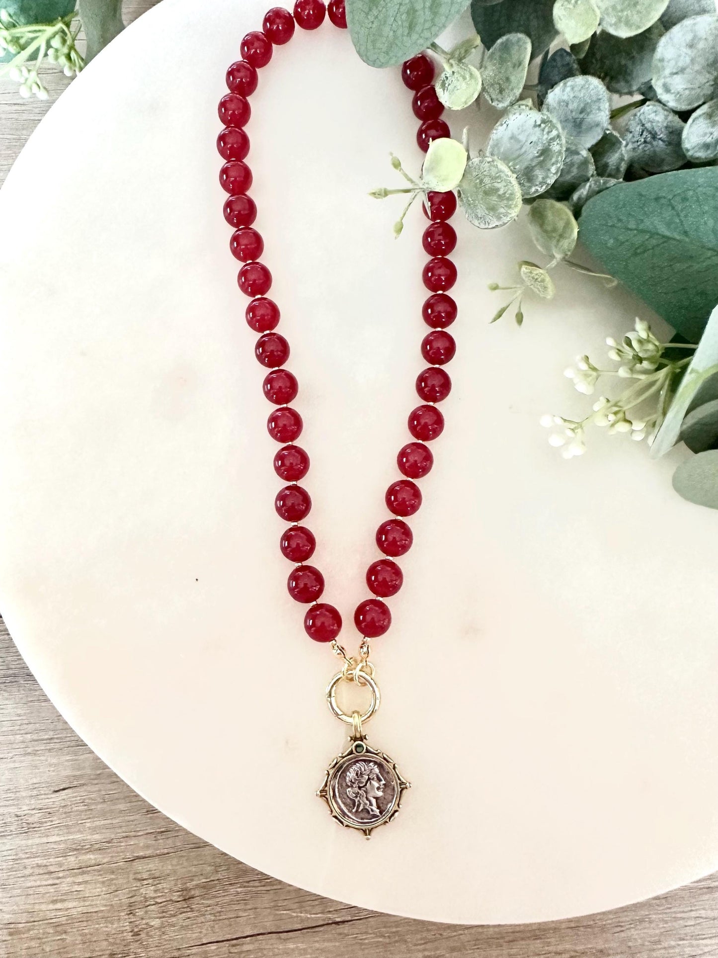 Maroon Red Jade Necklace • 8mm Beaded Strand • Coin Pendant Necklace • Bold Statement Jewelry • 18 Inch Handmade Gemstone Necklace