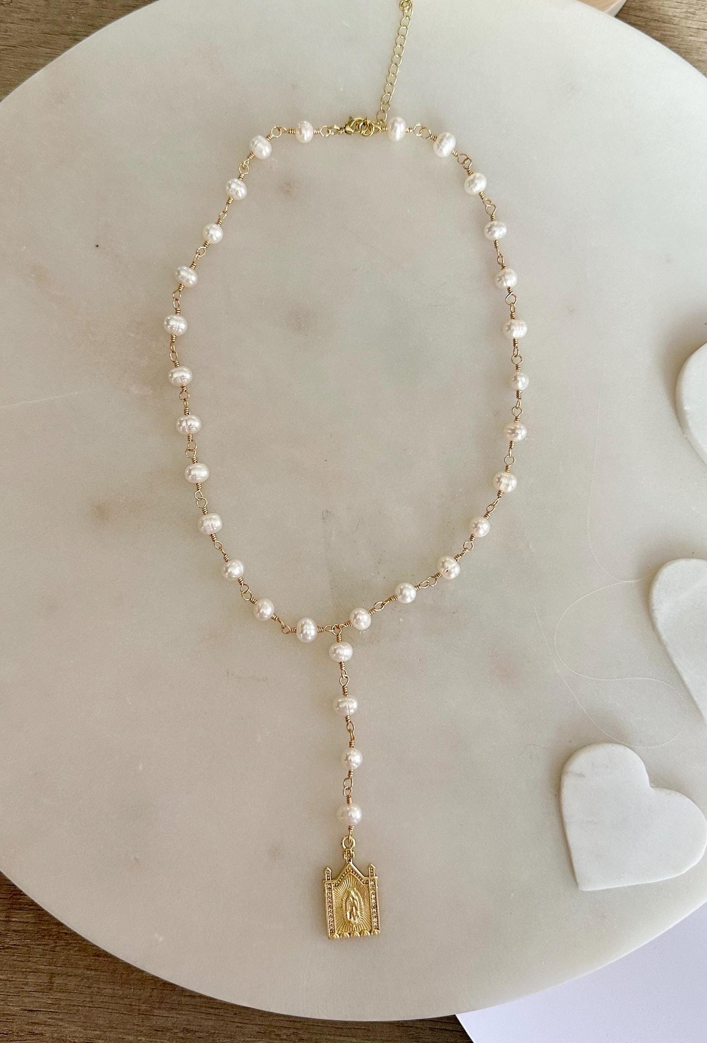 Freshwater Pearl Lariat Necklace • Virgen Mary Pendant Necklace • Hand Wire Wrapped Rosary Style Necklace • Religious Gift for Her