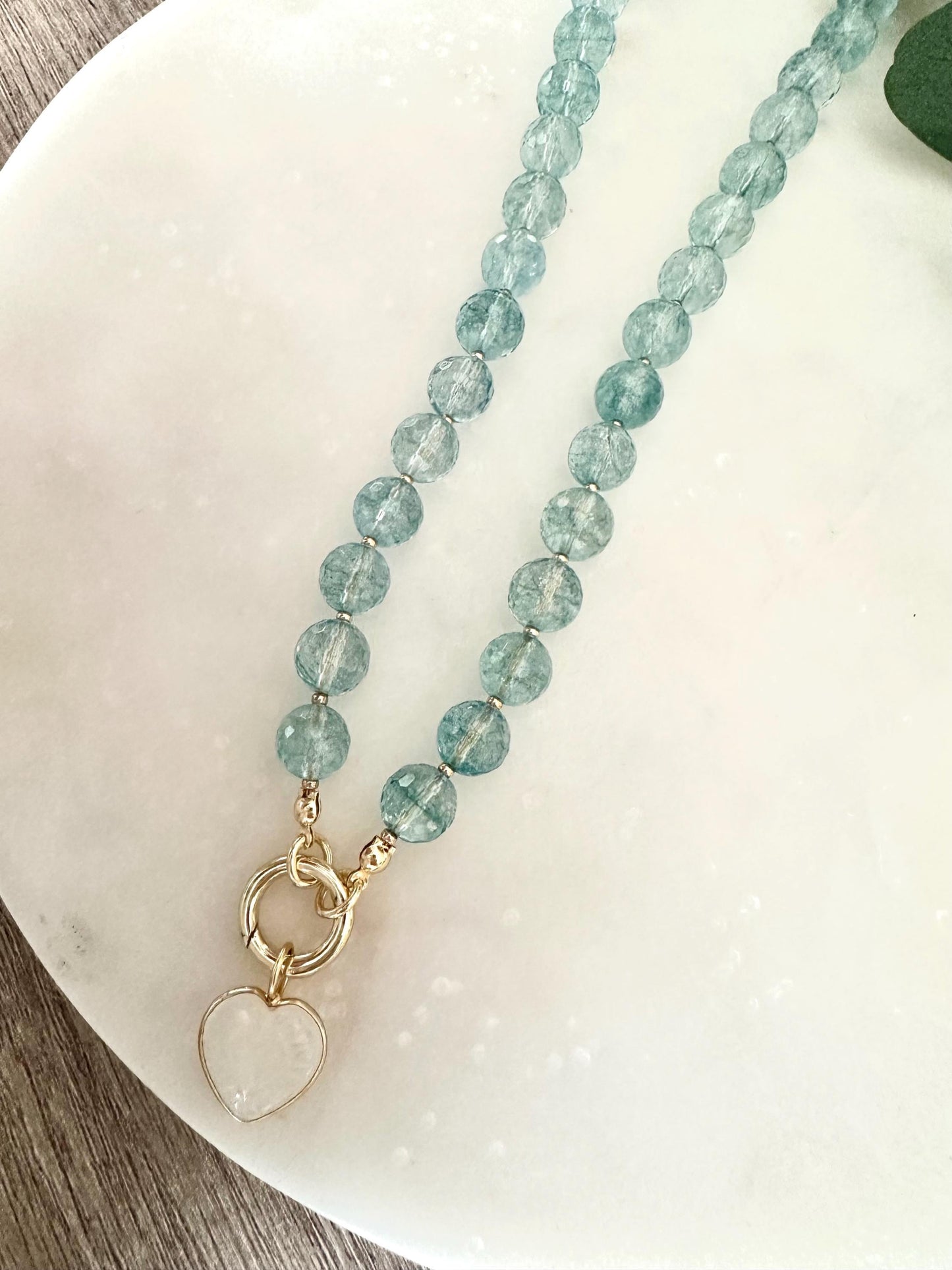 Faceted Aqua Quartz Necklace with Moonstone Heart Charm
