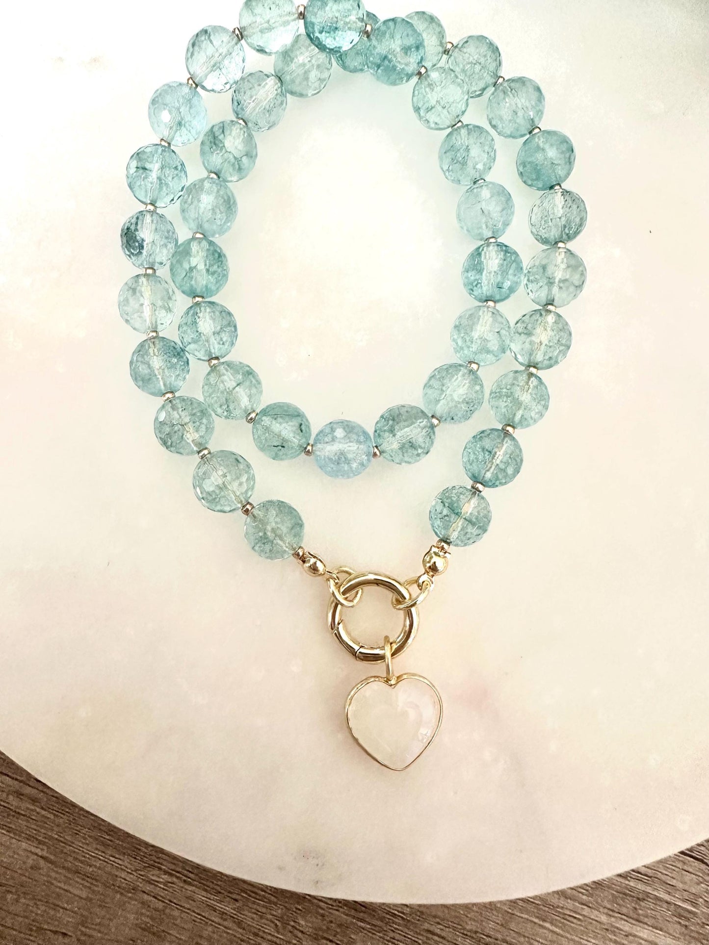 Faceted Aqua Quartz Necklace with Moonstone Heart Charm