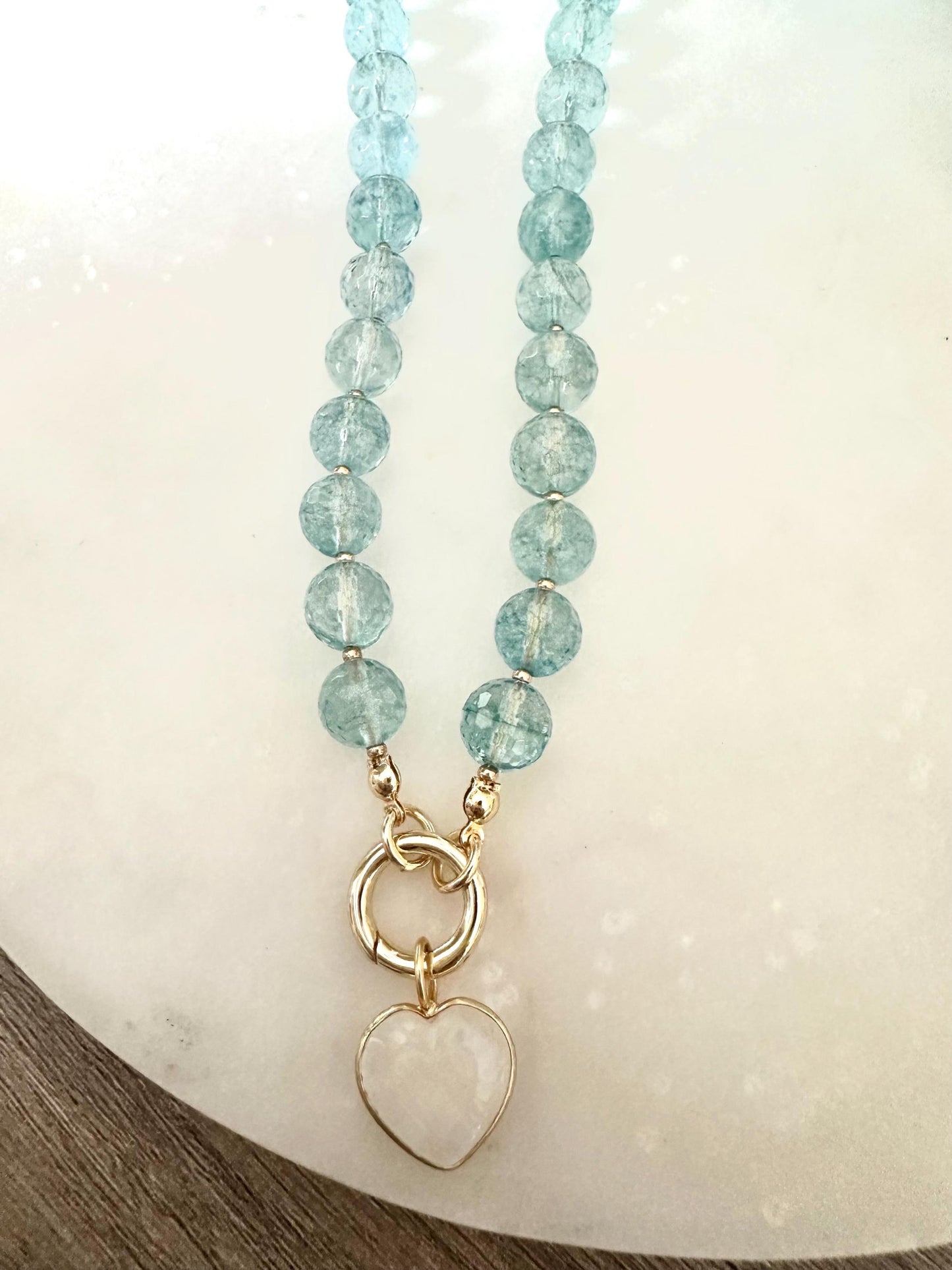 Faceted Aqua Quartz Necklace with Moonstone Heart Charm
