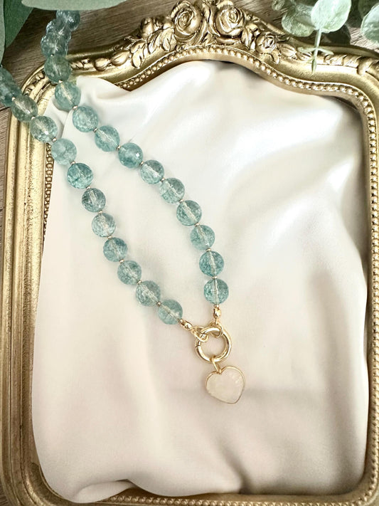 Faceted Aqua Quartz Necklace with Moonstone Heart Charm