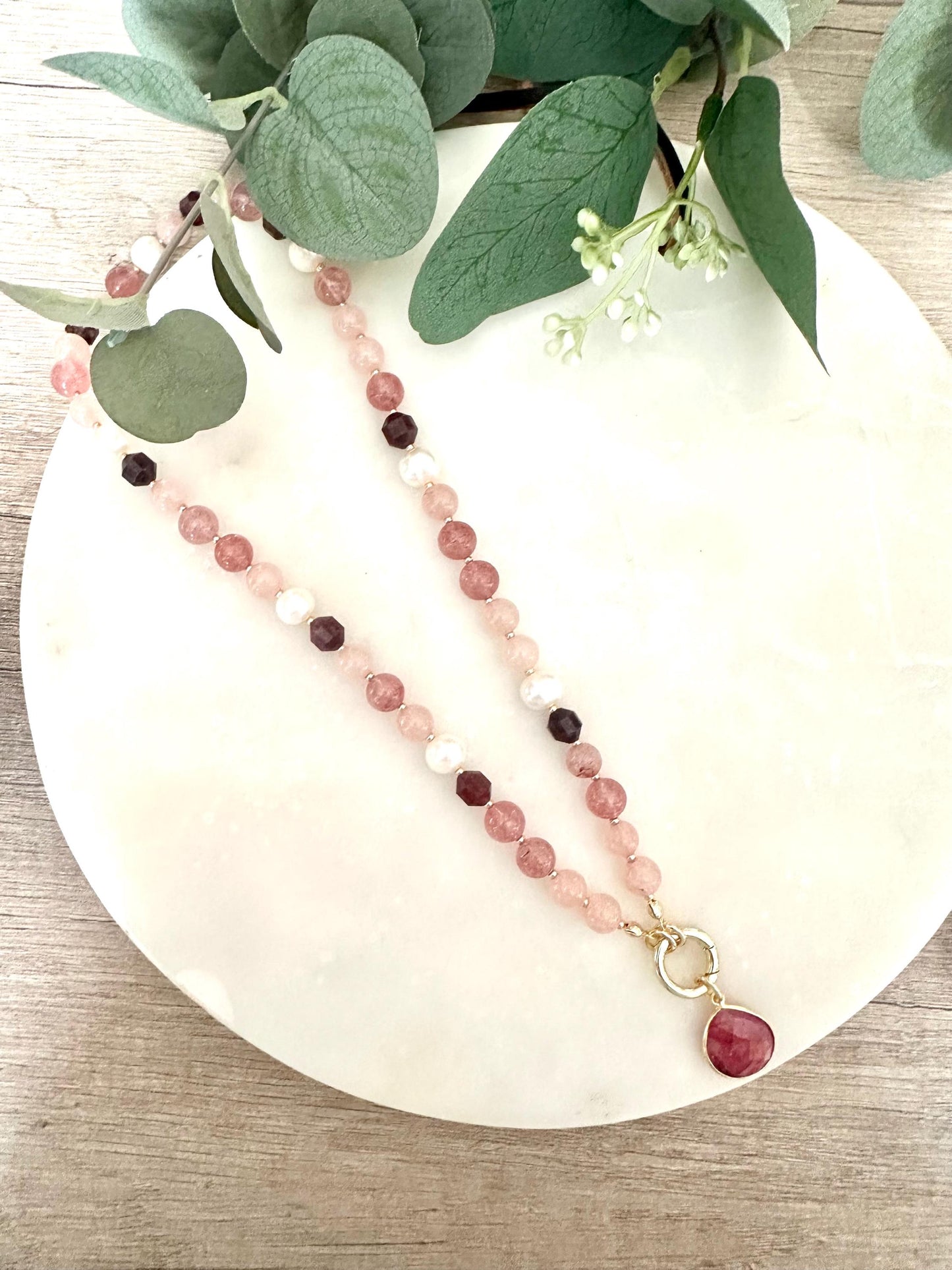 Garnet, Strawberry Quartz & Pearl Necklace – Ruby Drop Pendant