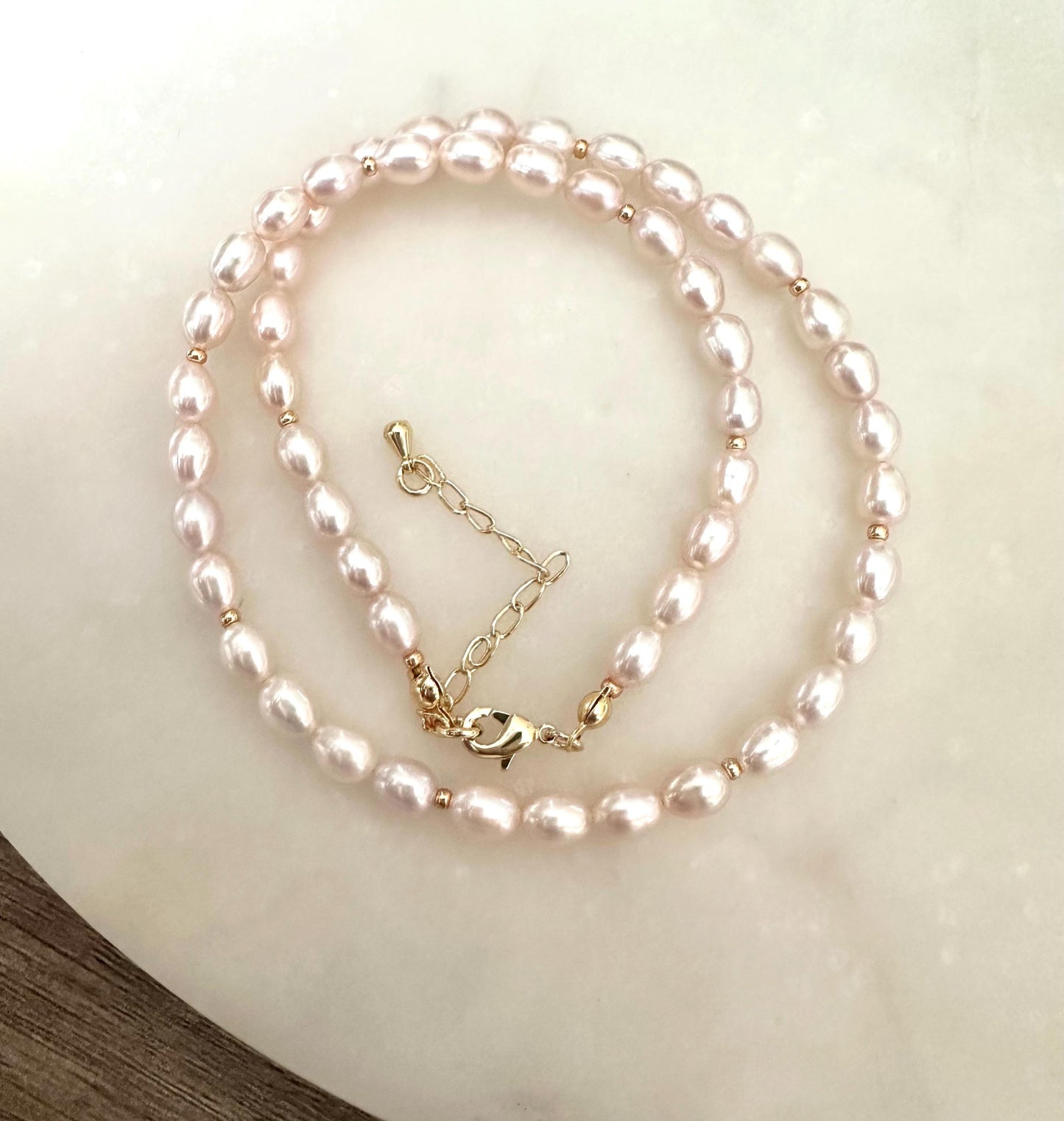 Light Pink Pearl Necklace | 5x6mm Freshwater Rice Pearls
