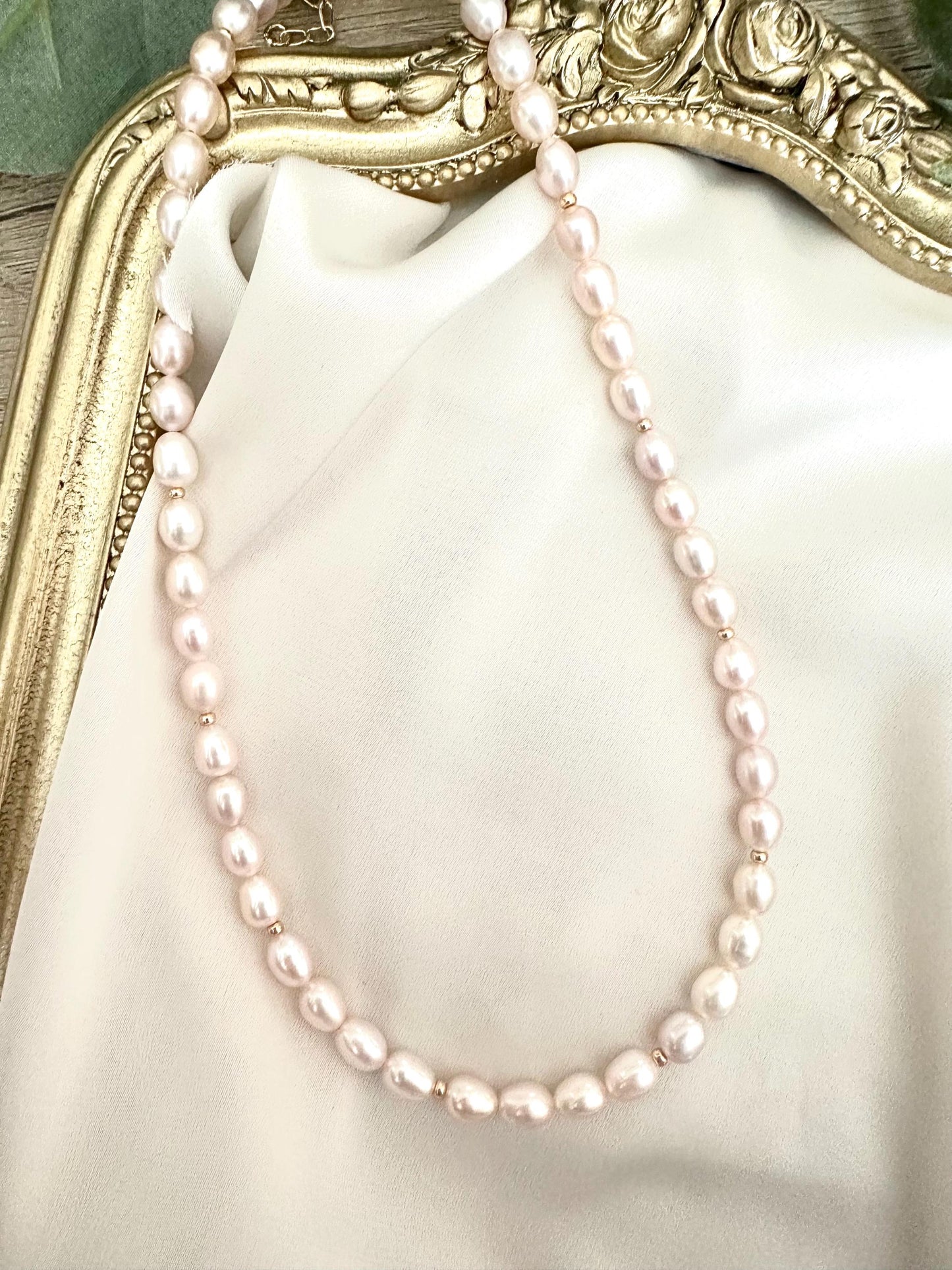 Light Pink Pearl Necklace | 5x6mm Freshwater Rice Pearls