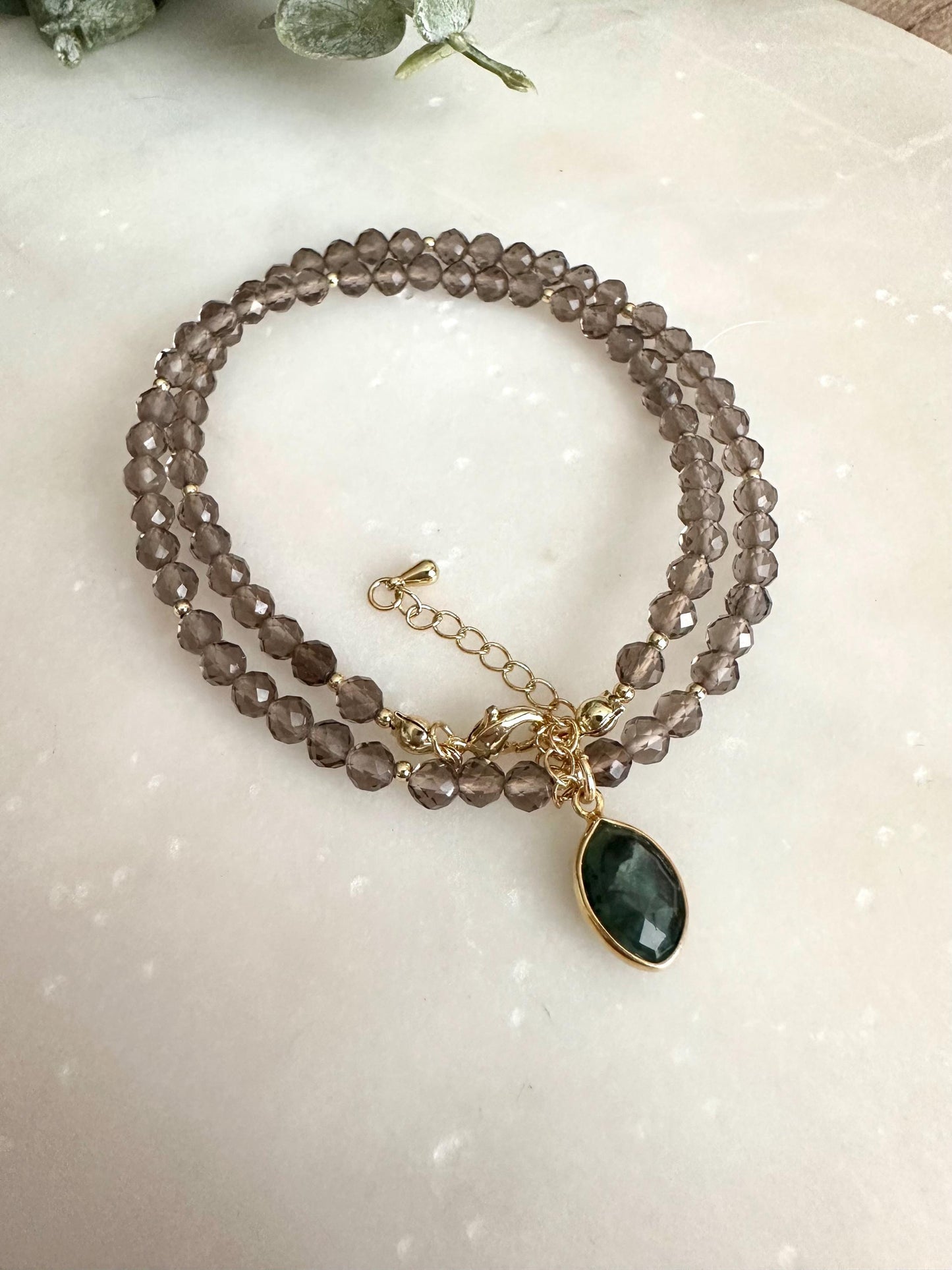 Smokey Quartz Beaded Necklace • Raw Emerald Marquis Pendant, Gold Filled