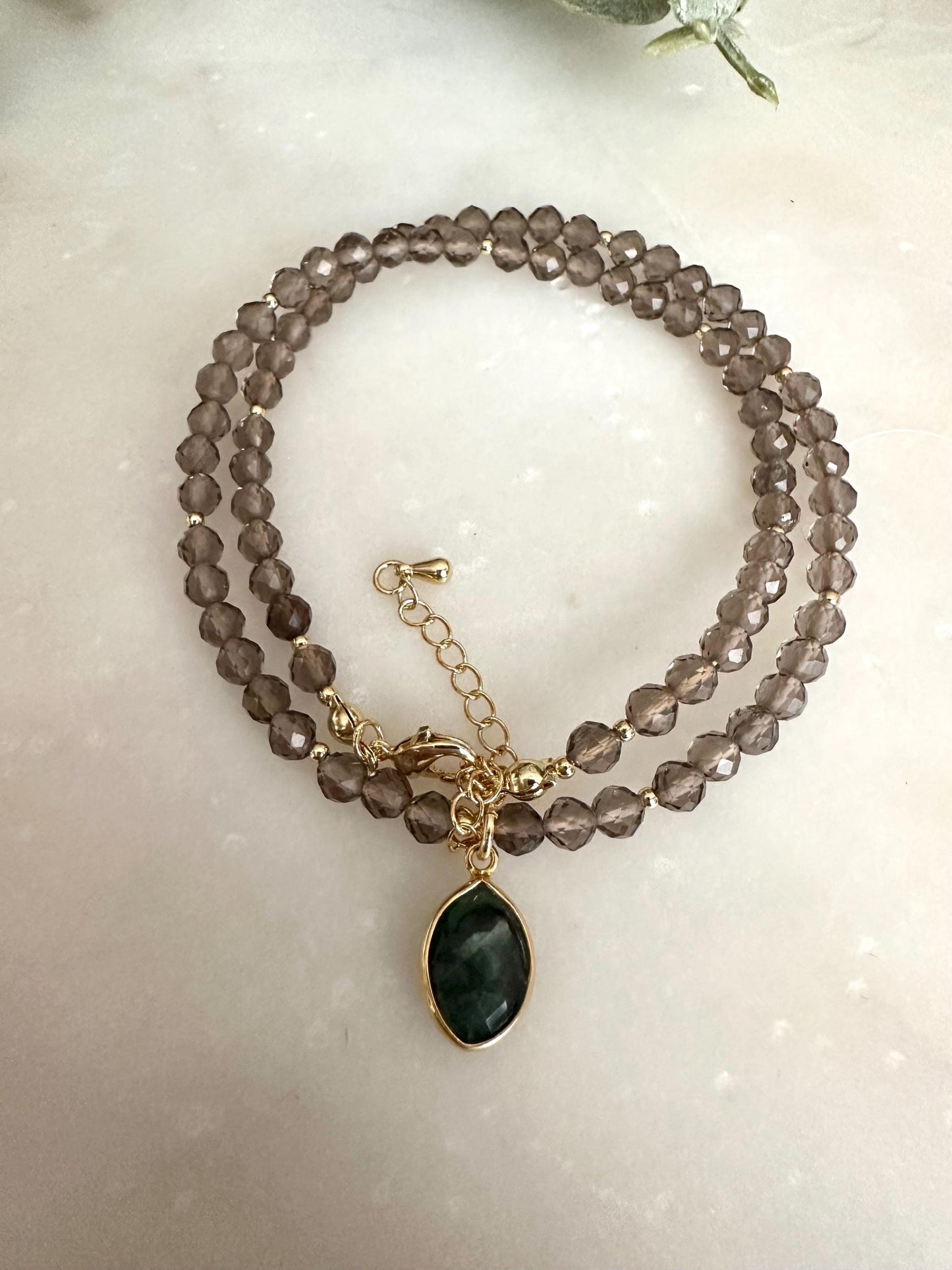 Smokey Quartz Beaded Necklace • Raw Emerald Marquis Pendant, Gold Filled